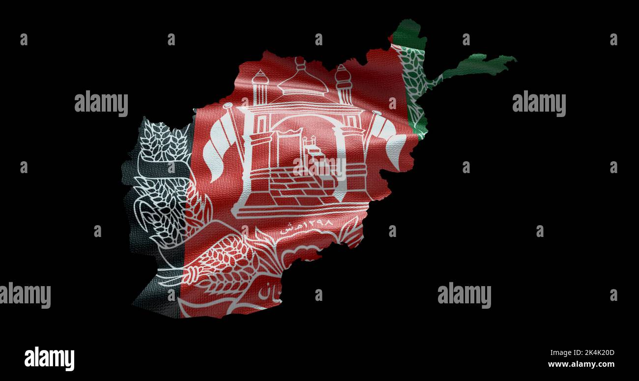 Forma de mapa de Afganistán con fondo de bandera ondulante. Perfil del canal alfa del país. Foto de stock