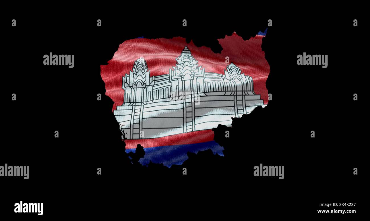 Forma de mapa de Camboya con fondo de bandera ondulante. Perfil del canal alfa del país. Foto de stock