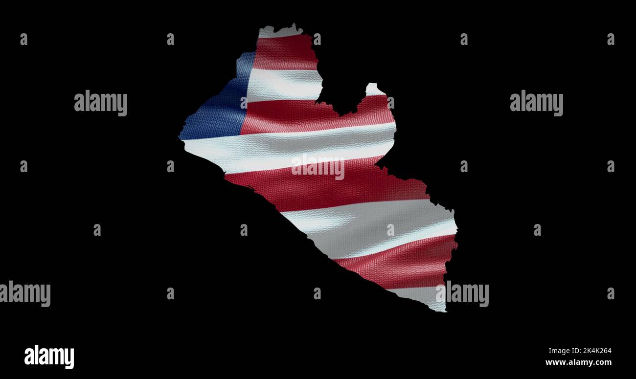 Forma de mapa de Liberia con fondo de bandera ondulante. Perfil del canal alfa del país. Foto de stock