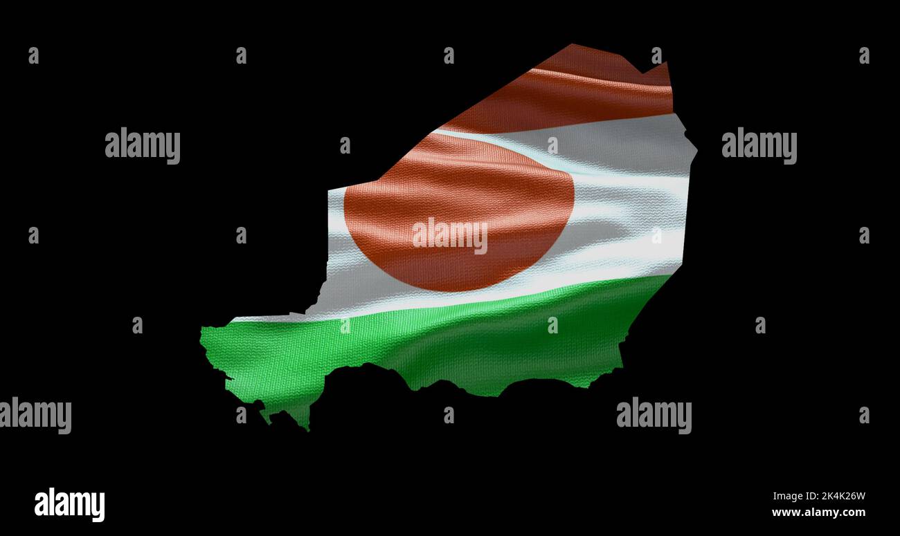 Forma de mapa de Níger con fondo de bandera ondulante. Perfil del canal alfa del país. Foto de stock