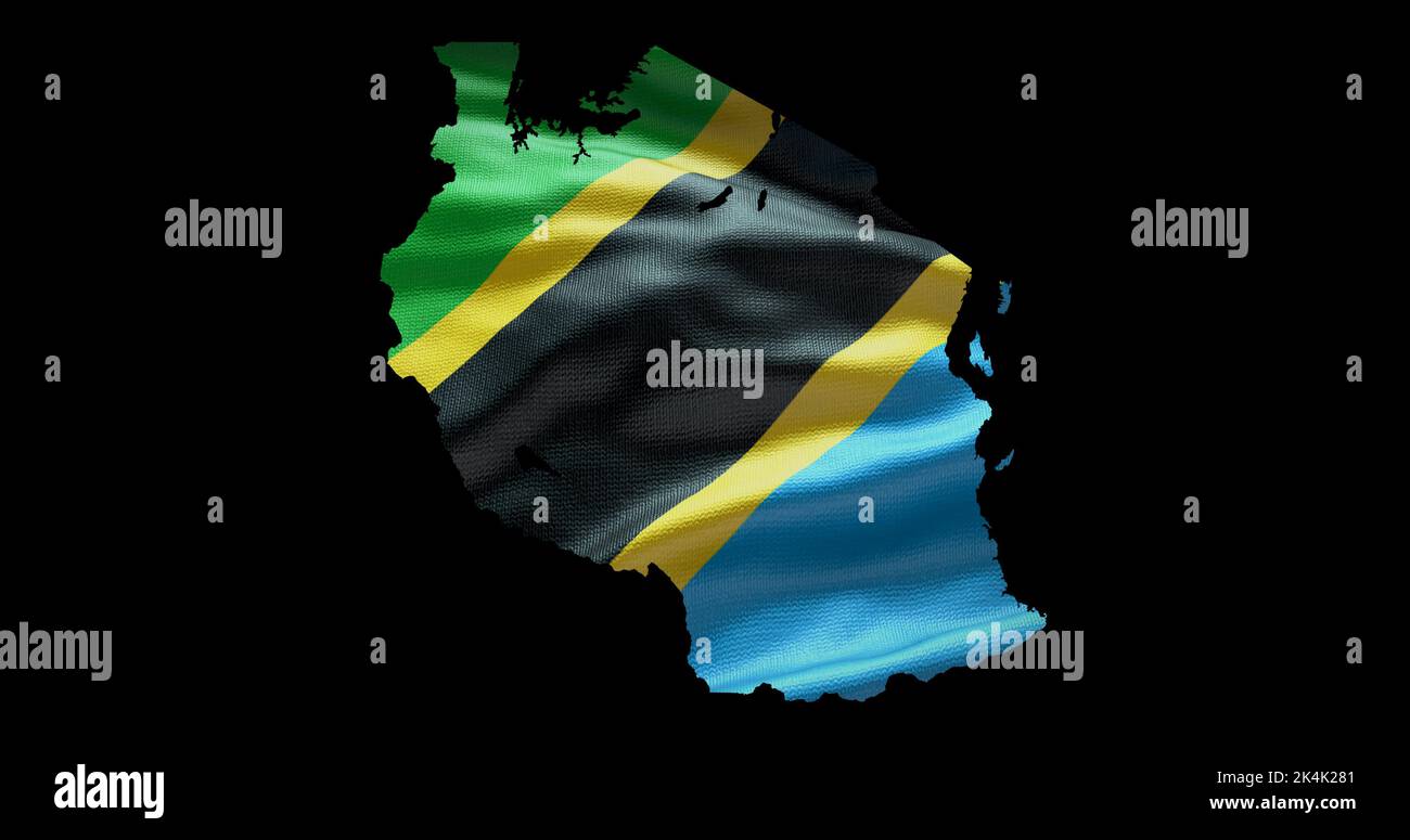 Forma de mapa de Tanzania con fondo de bandera ondulante. Perfil del canal alfa del país. Foto de stock