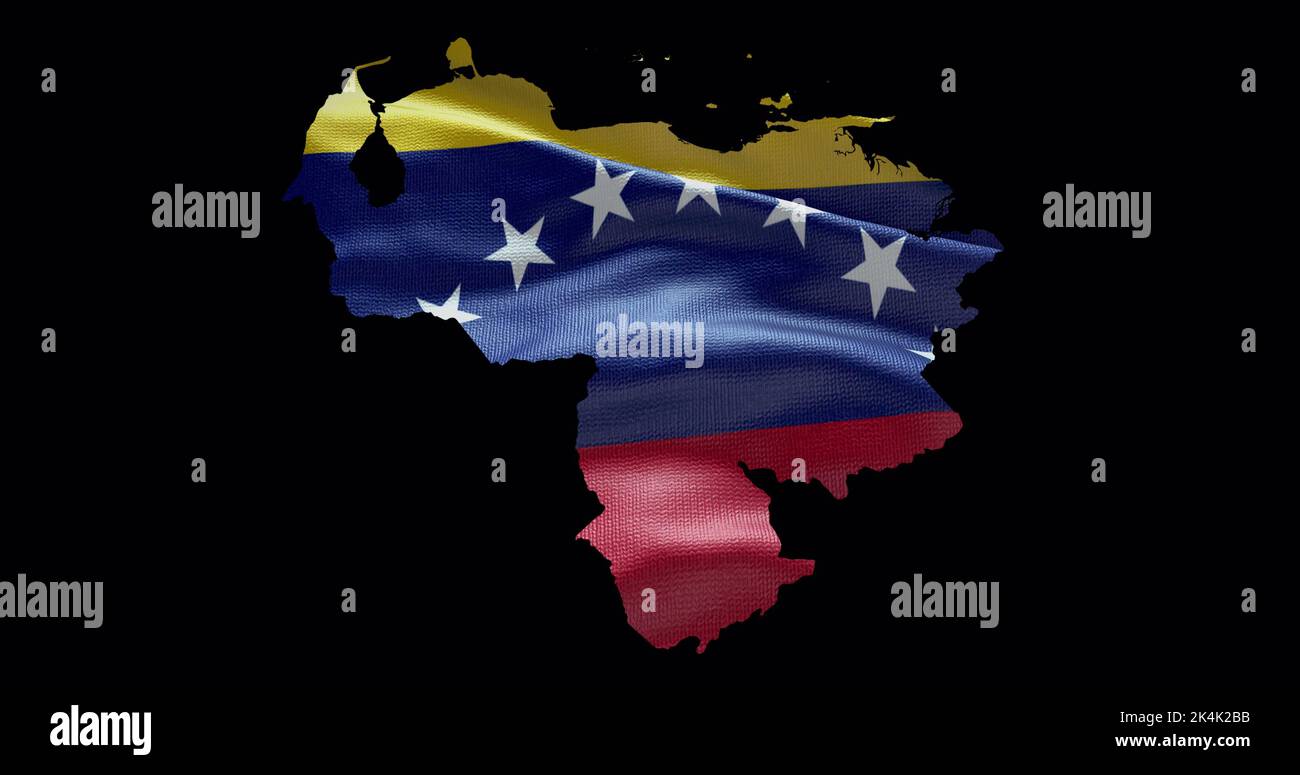 Forma de mapa de Venezuela con fondo de bandera ondulante. Perfil del canal alfa del país. Foto de stock