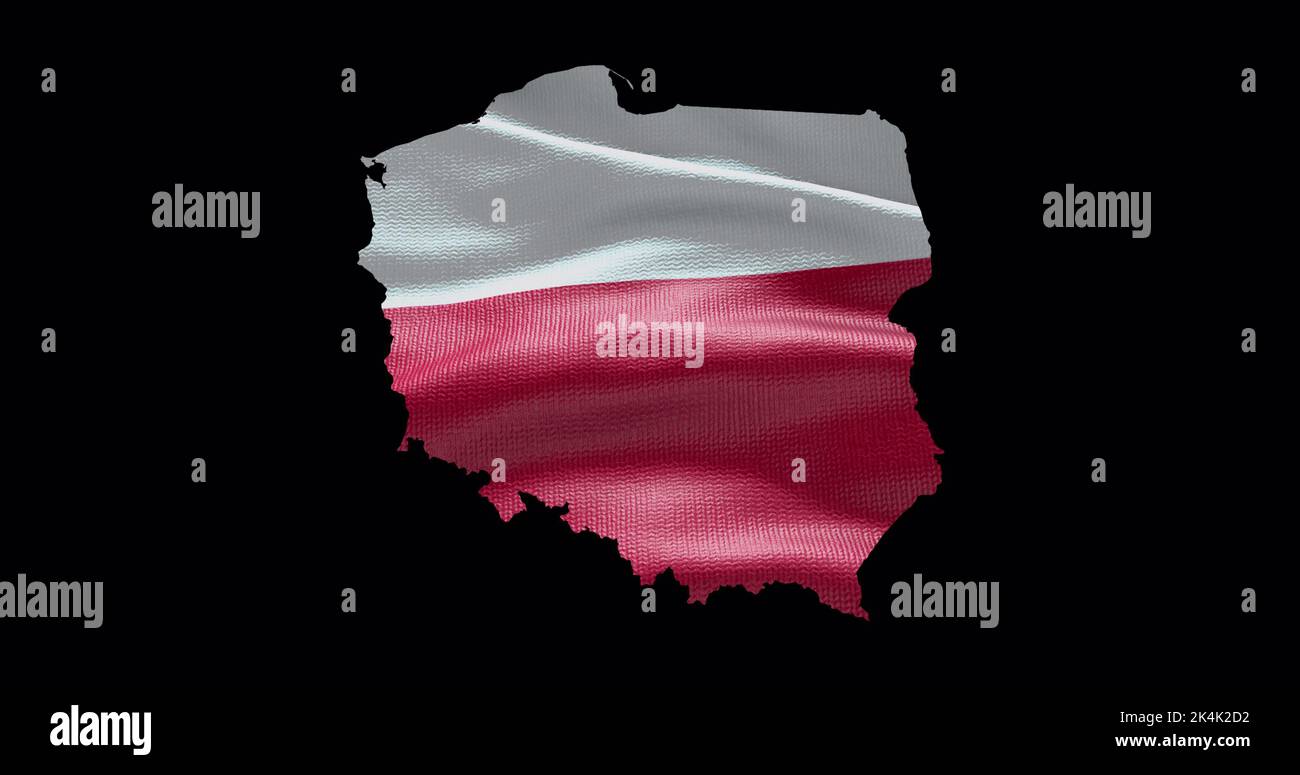 Forma de mapa de Polonia con fondo de bandera ondulante. Perfil del canal alfa del país. Foto de stock