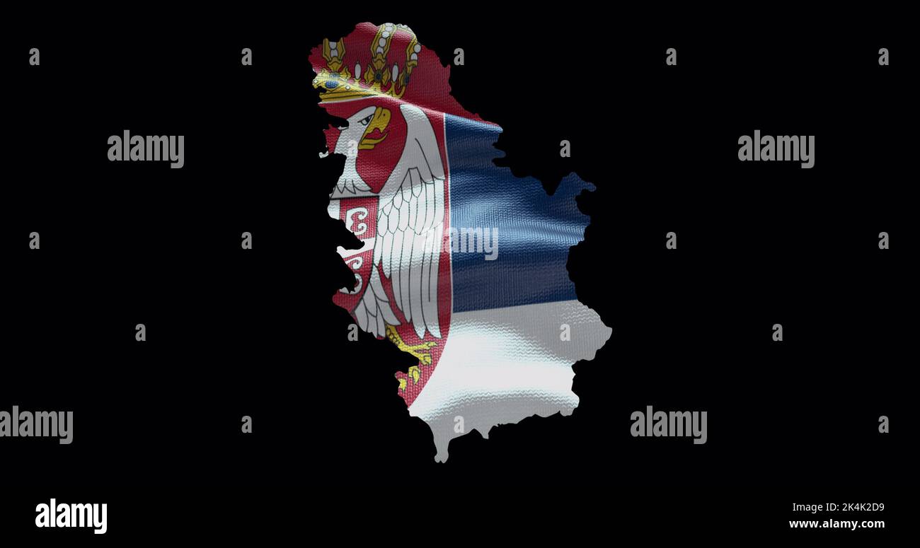 Forma de mapa de Serbia con fondo de bandera ondulante. Perfil del canal alfa del país. Foto de stock