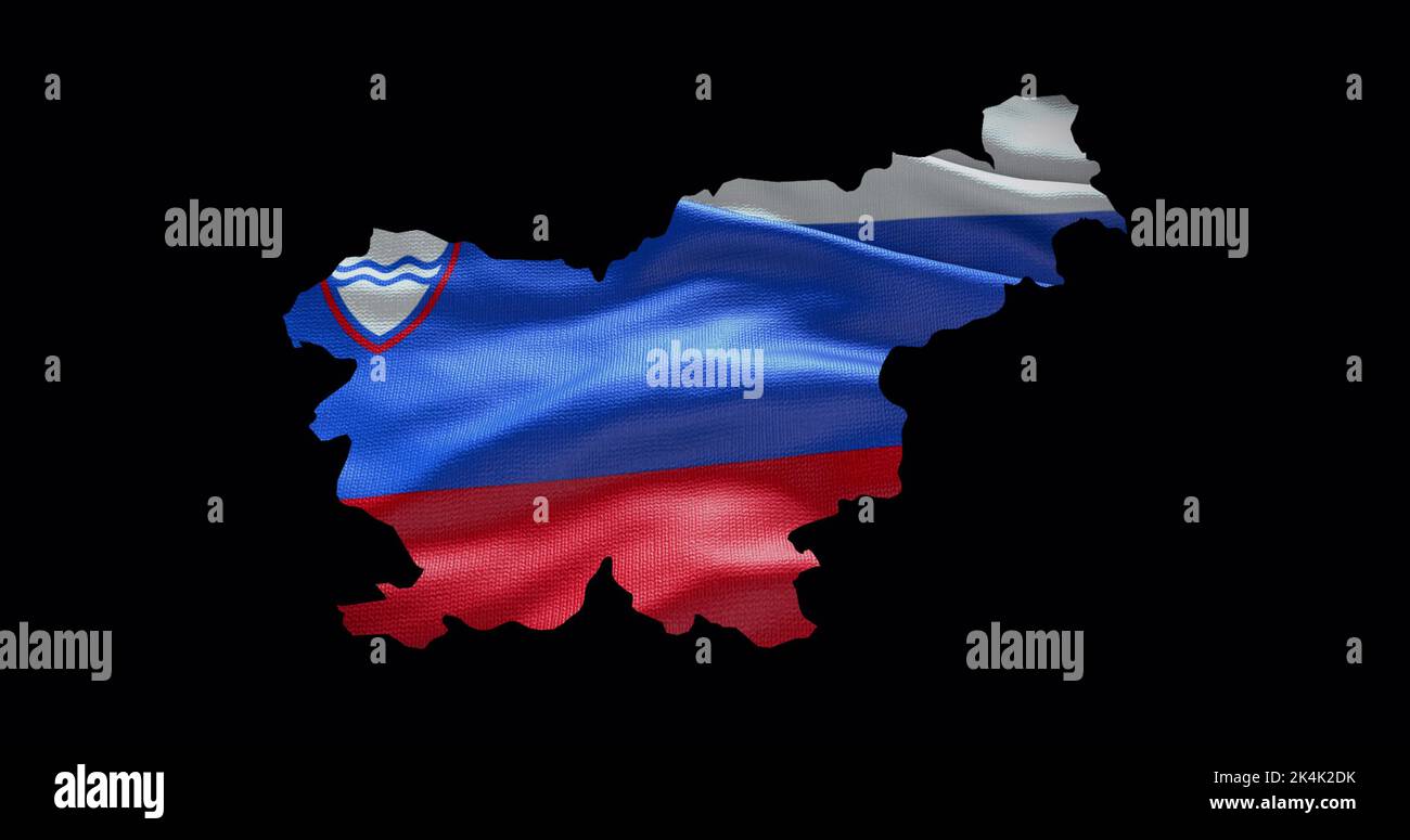 Forma de mapa de Eslovenia con fondo de bandera ondulante. Perfil del canal alfa del país. Foto de stock
