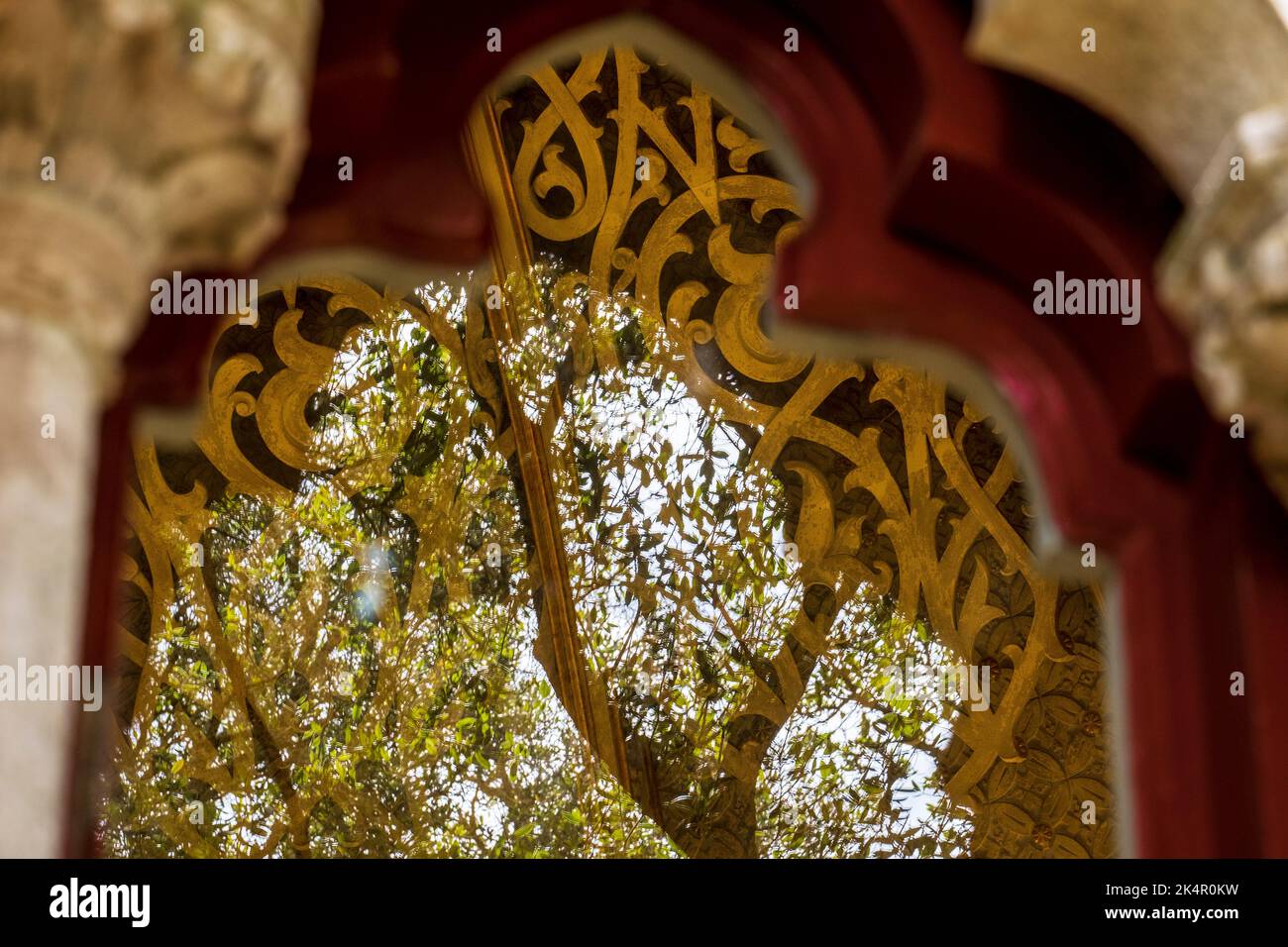 Árbol reflejado en ventana ornamentada, Palacio de Montserrate, Sintra, Portugal Foto de stock