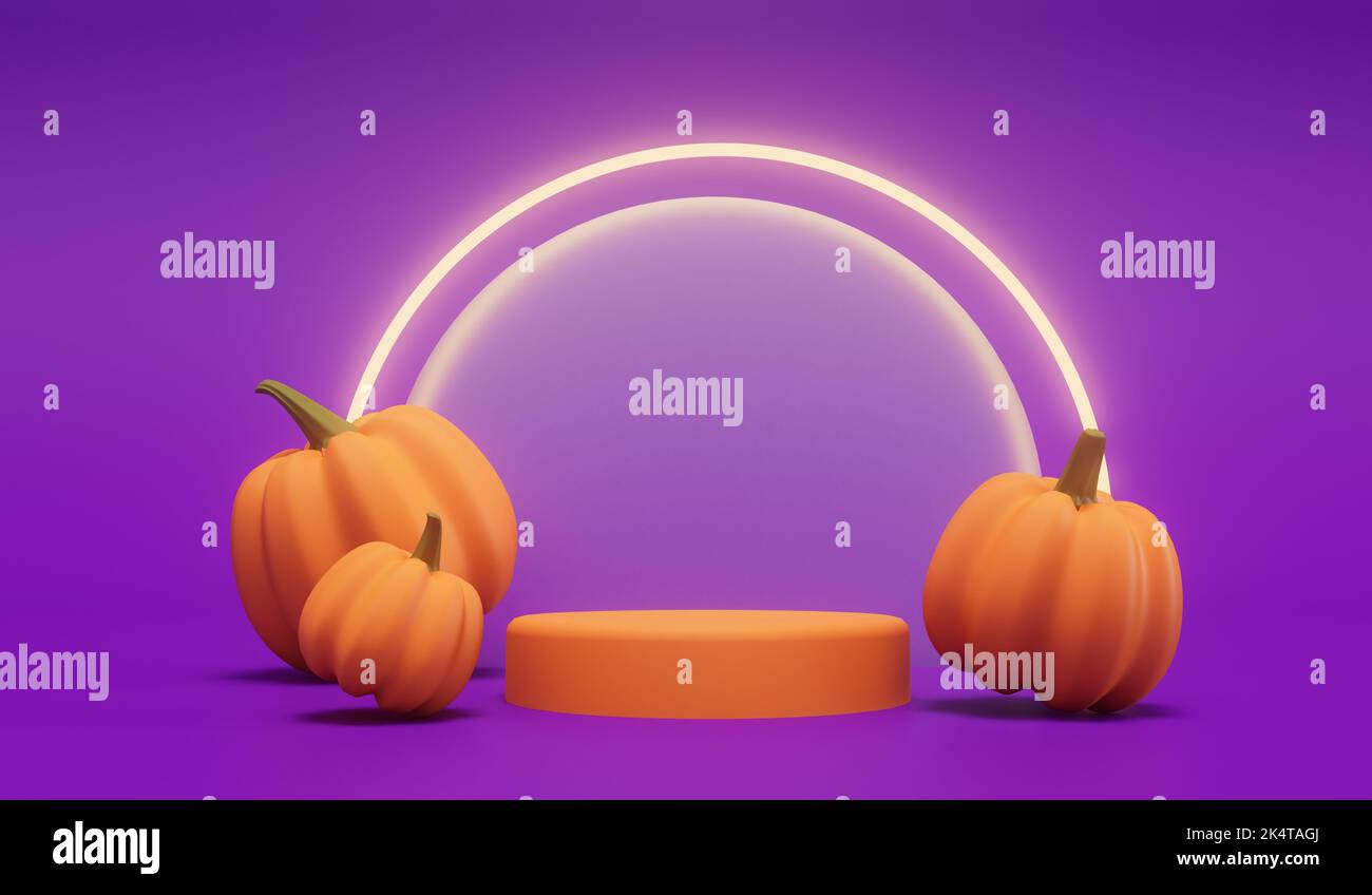 Calabazas de Halloween con una luz brillante de neón sobre un fondo púrpura. Renderizado 3D Foto de stock