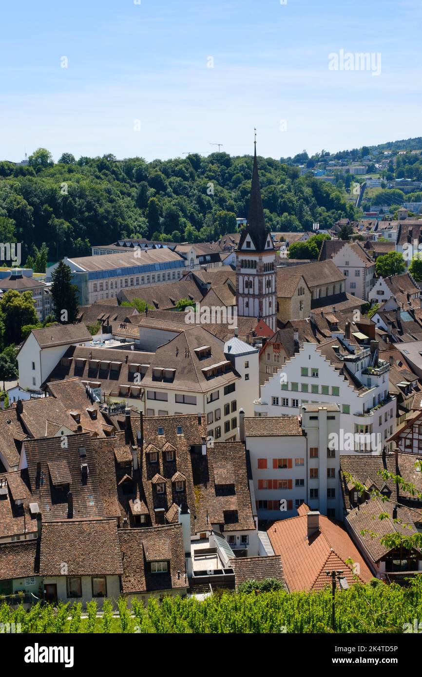 Vista desde la Fortaleza de la Ciudad Munot en la Ciudad con la Catedral de Todos los Santos, Schaffhausen, Cantón Schaffhausen, Suiza, Europa Foto de stock