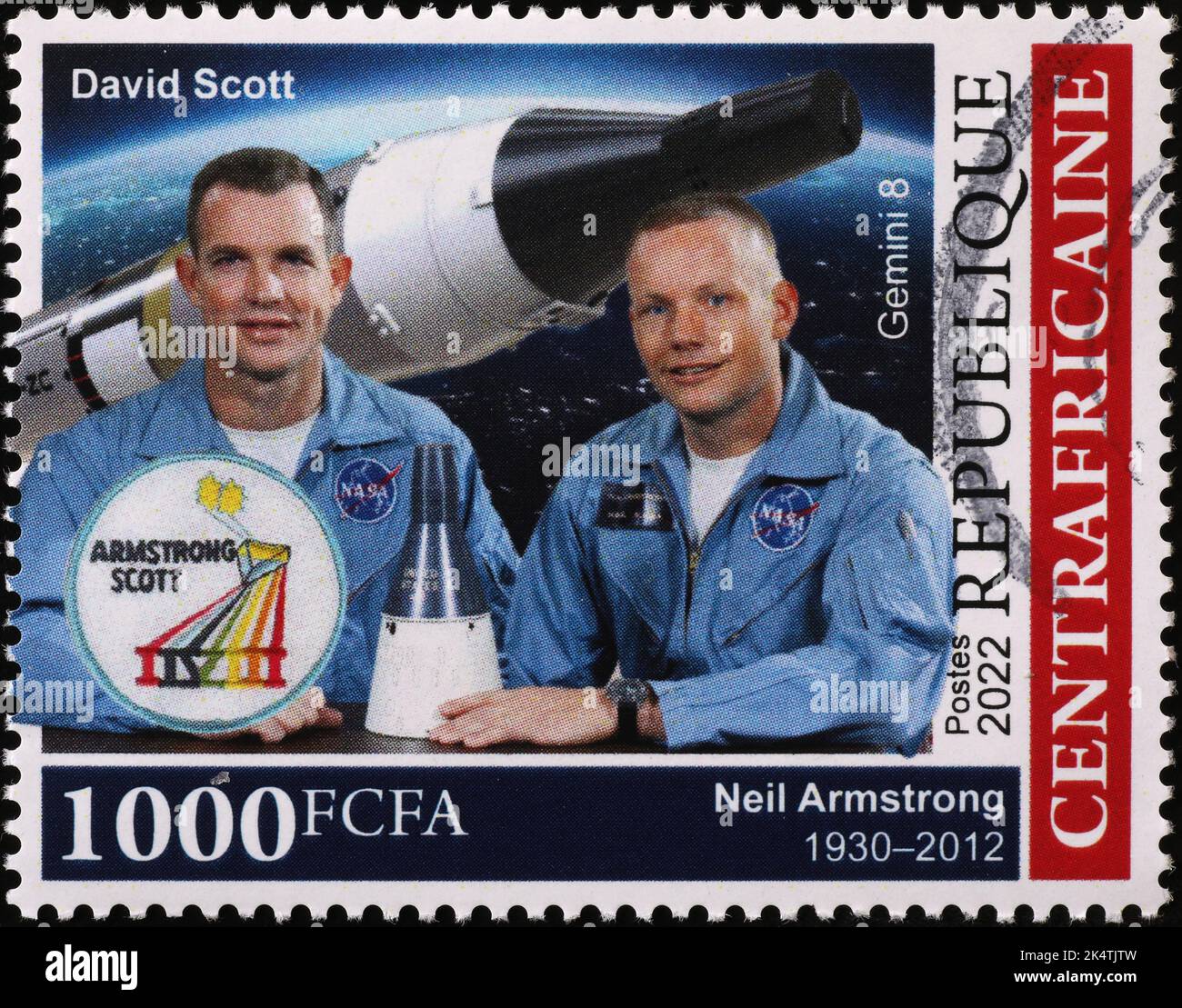 Los astronautas Neil Amstrong y David Scott en el sello postal Foto de stock