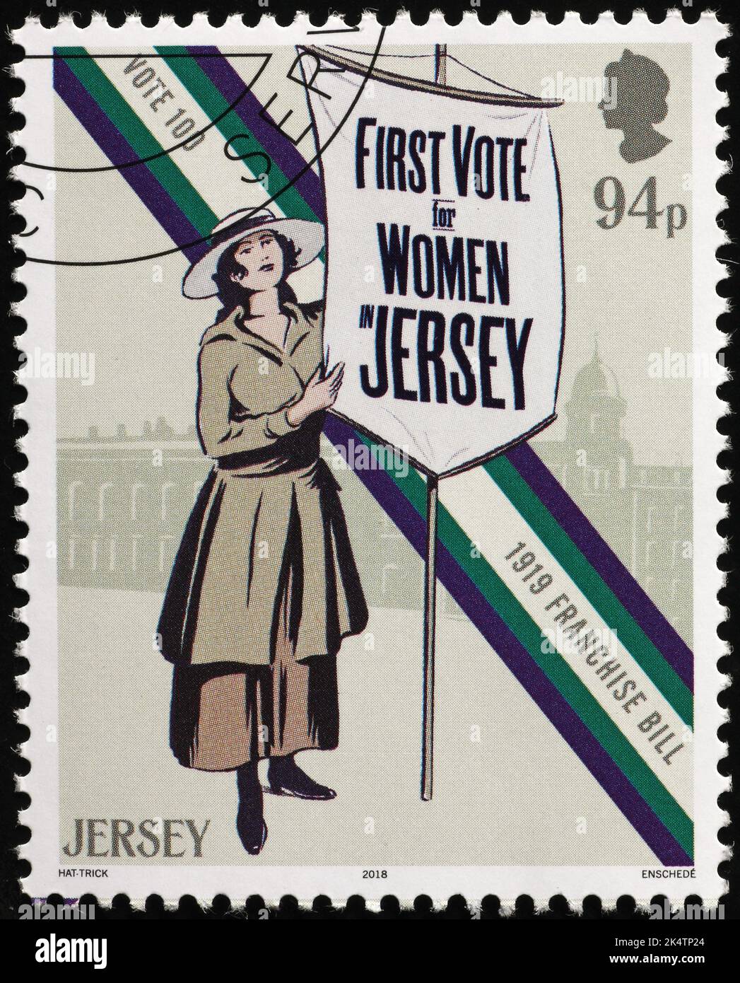 Primer voto femenino en Jersey celebrado en sello Foto de stock