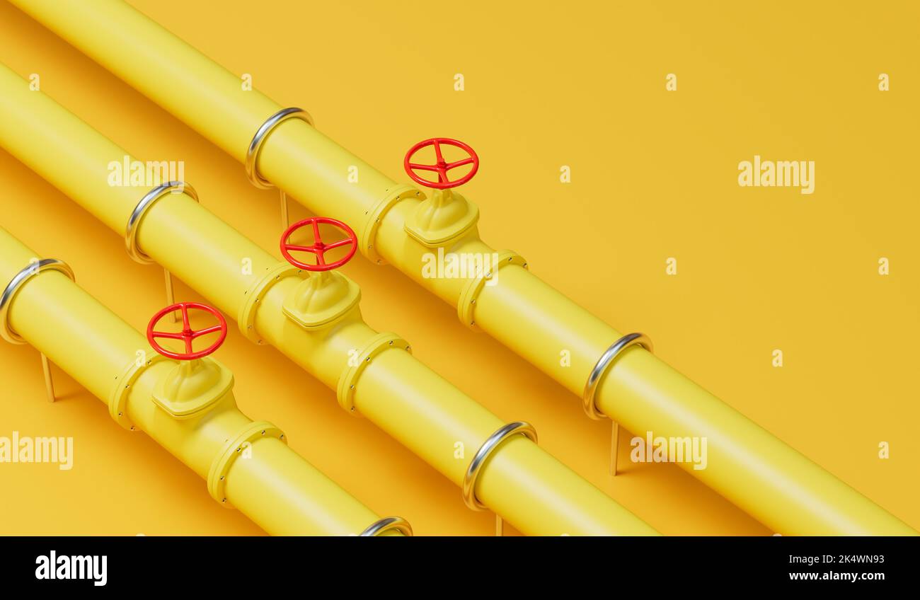 Tuberías amarillas para la industria del gas o petróleo con válvulas rojas. Renderizado 3D Foto de stock