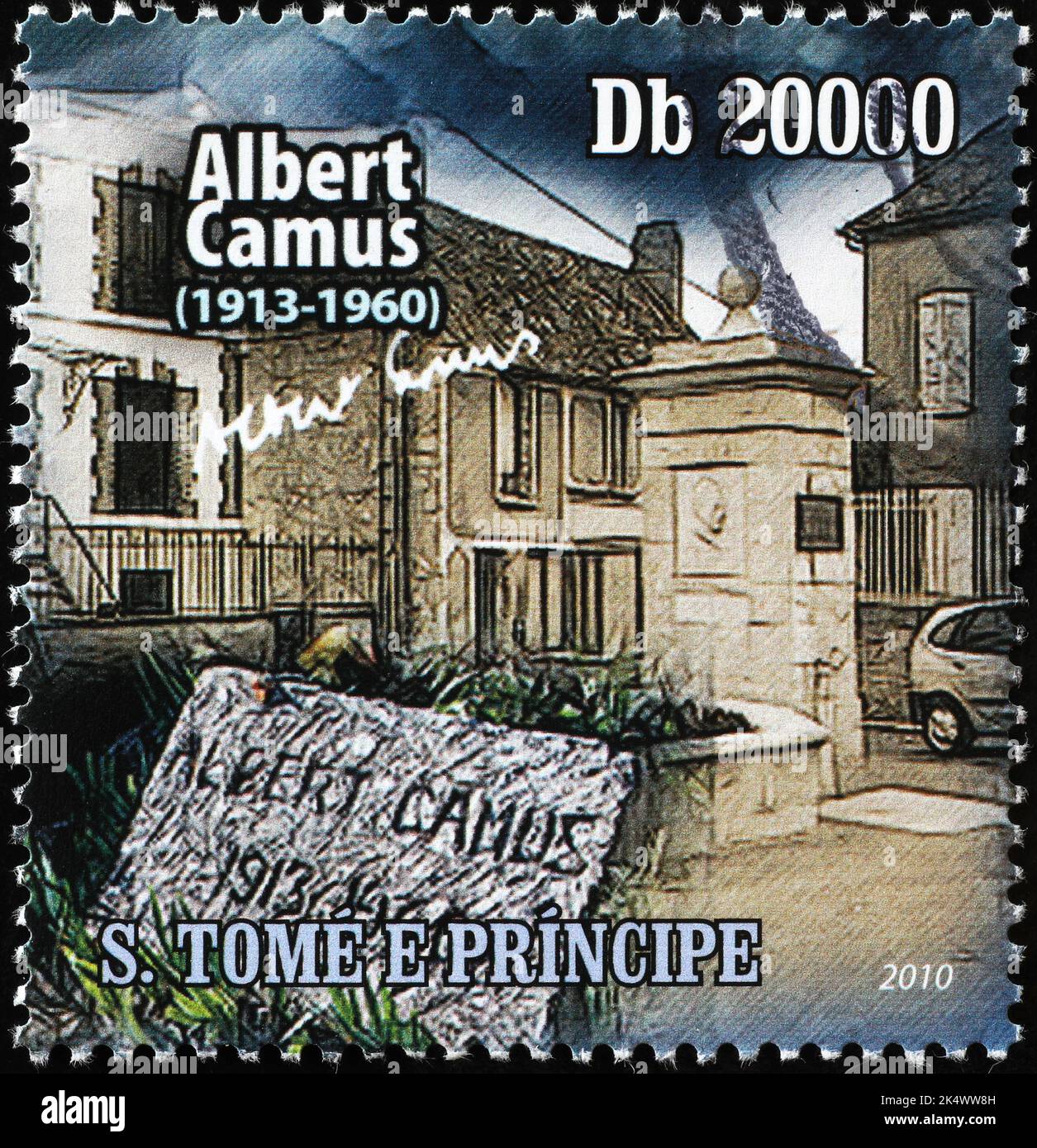 Casa de Albert Camus en sello postal de Liberia Foto de stock