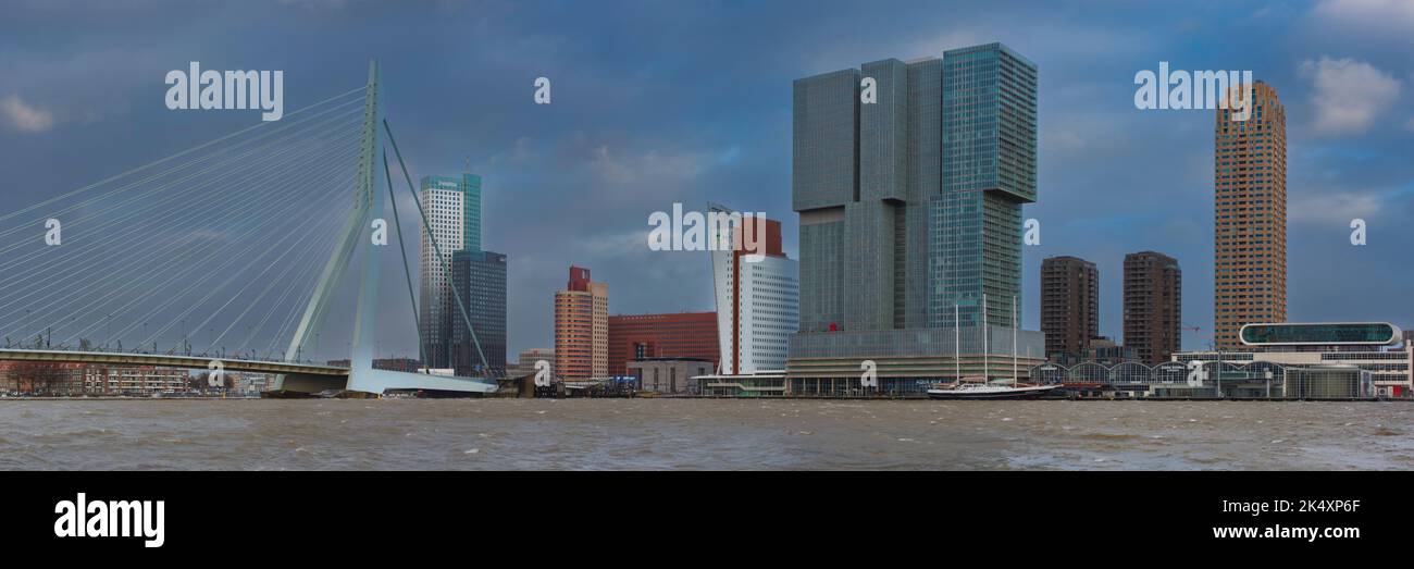 Nieuwe Maas con Puente Erasmus y rascacielos, Rotterdam, Holanda del Sur, Holanda, Países Bajos, Europa Foto de stock