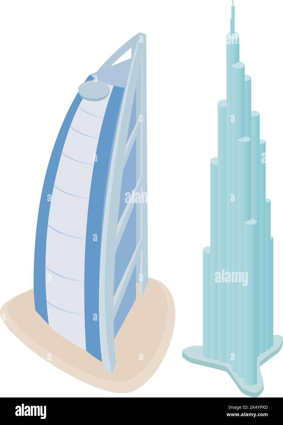 Dubai icono vector isométrico. Edificio Burj khalifa, hotel burj al arab. Atracción mundialmente famosa de los emiratos árabes unidos, arquitectura moderna Ilustración del Vector