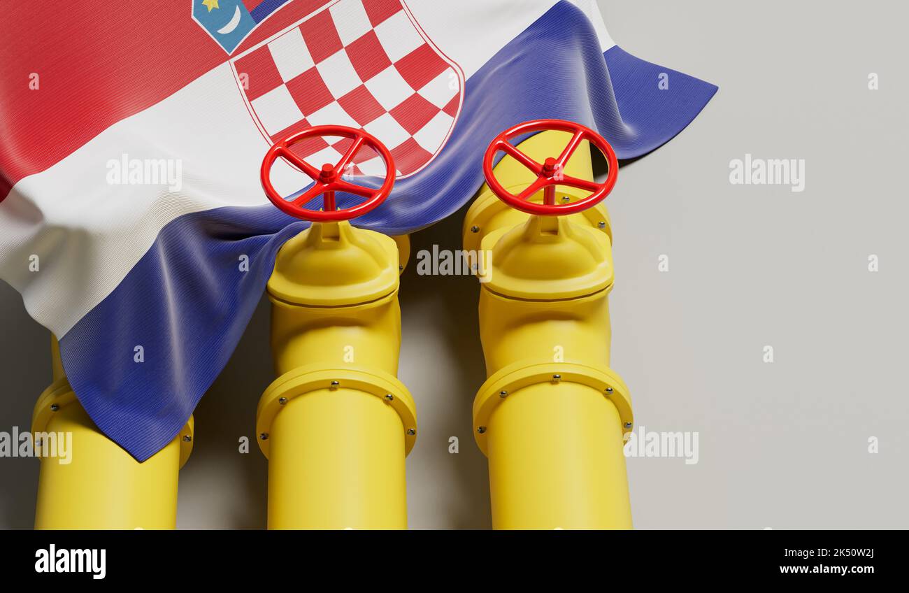 Bandera de Croacia que cubre una tubería de combustible de petróleo y gas. Concepto de la industria petrolera. Renderizado 3D Foto de stock