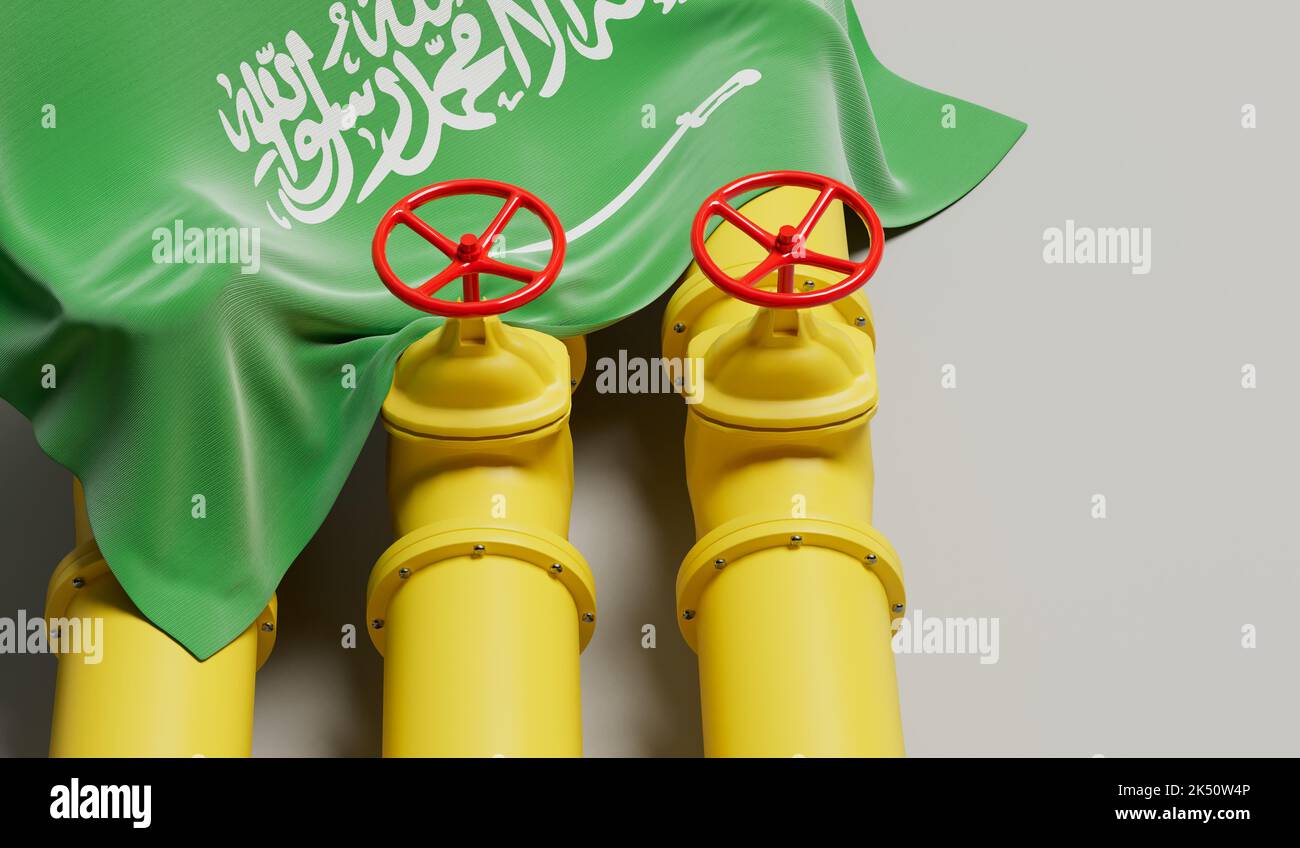 Bandera de Arabia Saudita que cubre una tubería de combustible de petróleo y gas. Concepto de la industria petrolera. Renderizado 3D Foto de stock