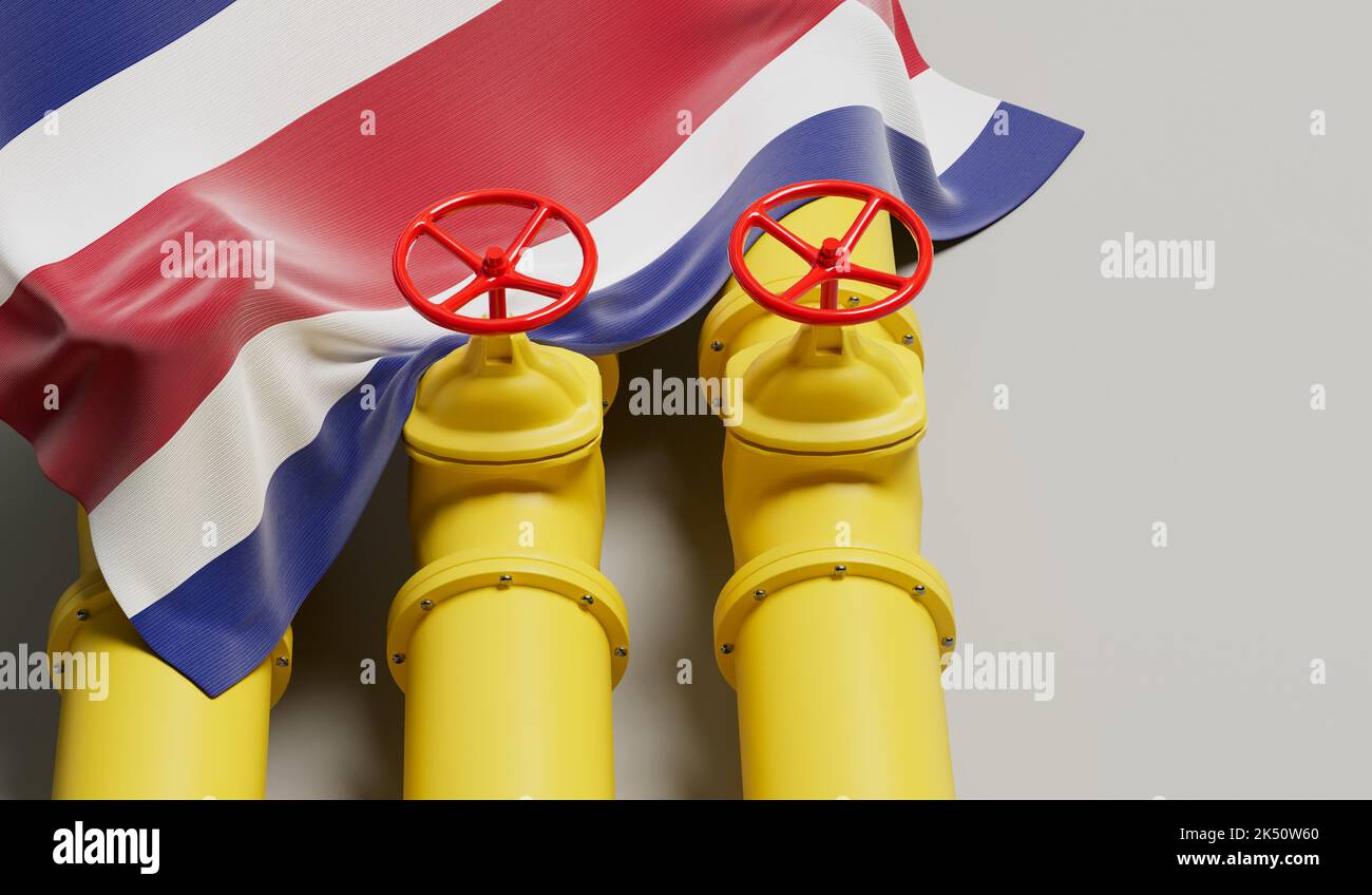 Bandera de Costa Rica que cubre una tubería de combustible de petróleo y gas. Concepto de la industria petrolera. Renderizado 3D Foto de stock