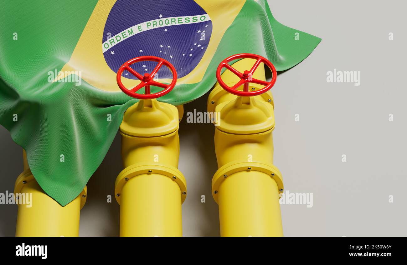 Bandera de Brasil que cubre una tubería de combustible de petróleo y gas. Concepto de la industria petrolera. Renderizado 3D Foto de stock