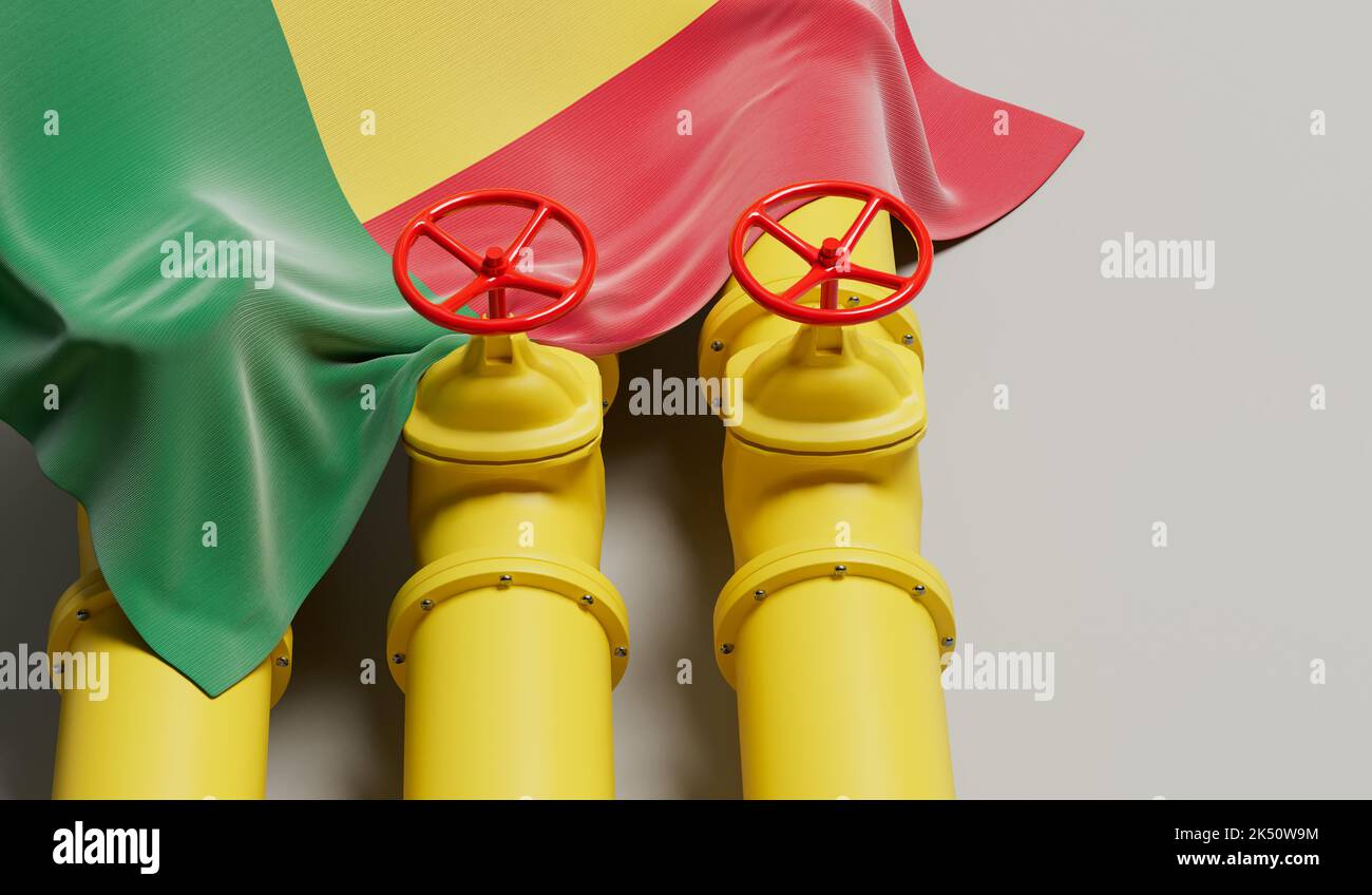 Bandera de Benin que cubre una tubería de combustible de petróleo y gas. Concepto de la industria petrolera. Renderizado 3D Foto de stock