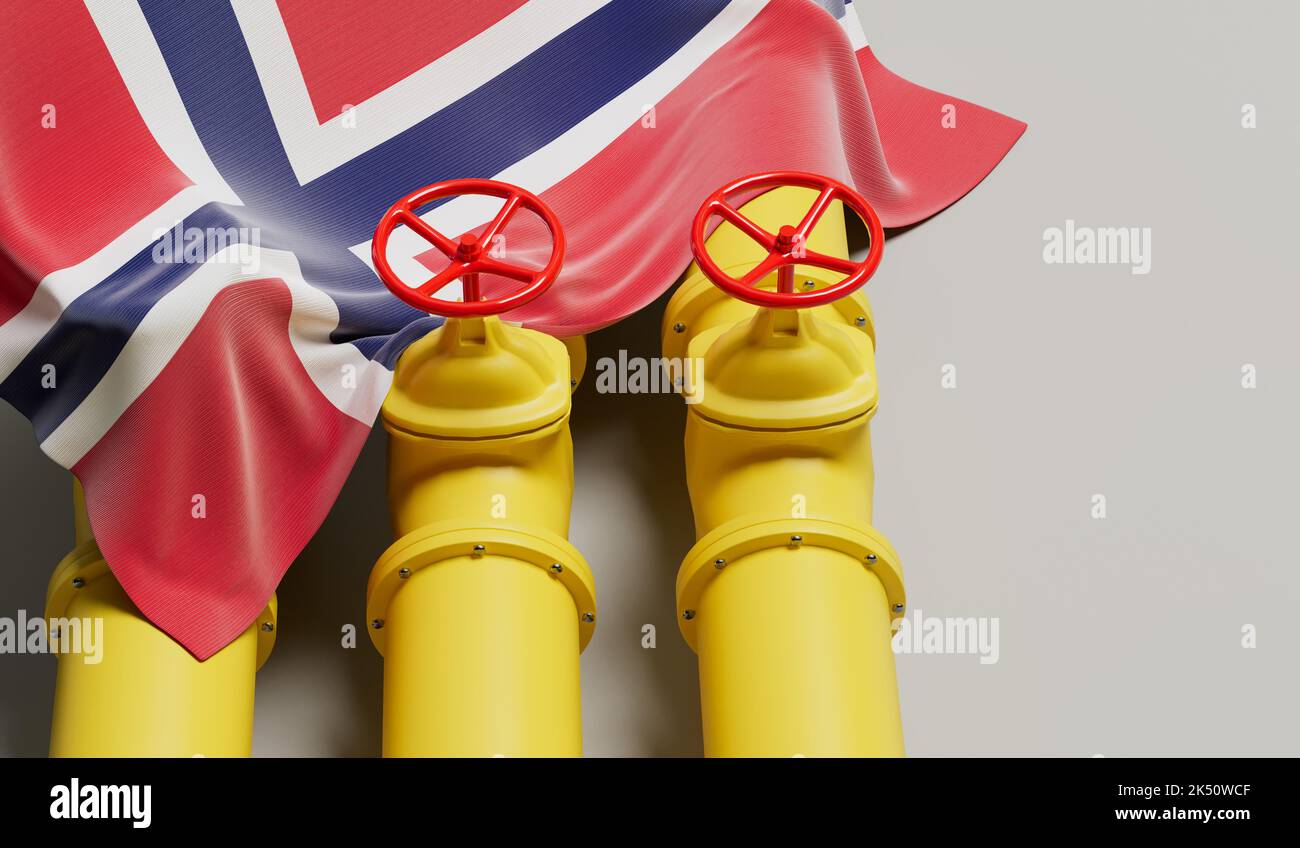 Bandera de Noruega que cubre una tubería de combustible de petróleo y gas. Concepto de la industria petrolera. Renderizado 3D Foto de stock