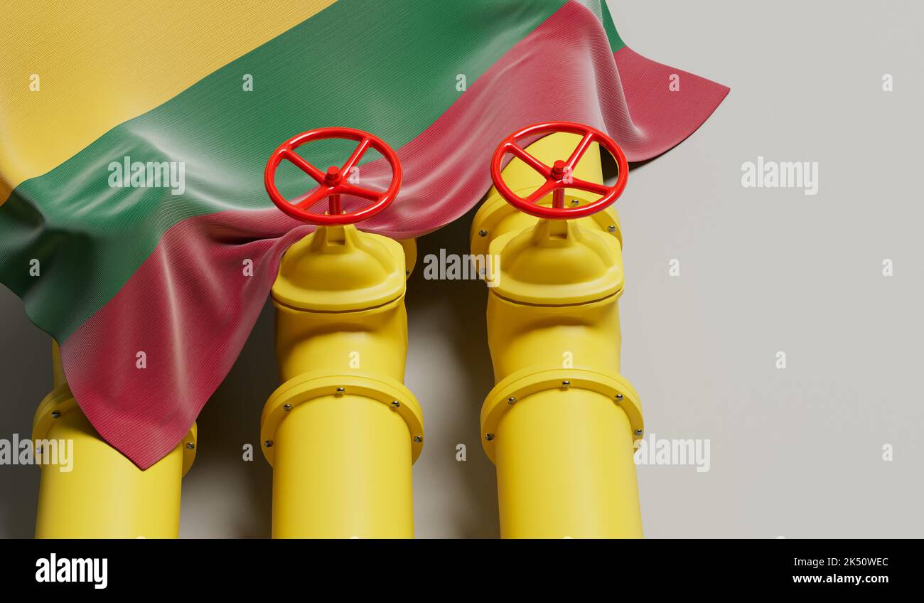Pabellón de Lituania que cubre una tubería de combustible de petróleo y gas. Concepto de la industria petrolera. Renderizado 3D Foto de stock