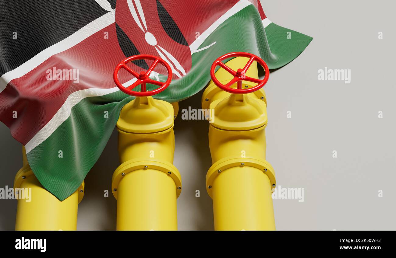 Bandera de Kenia que cubre una tubería de combustible de petróleo y gas. Concepto de la industria petrolera. Renderizado 3D Foto de stock