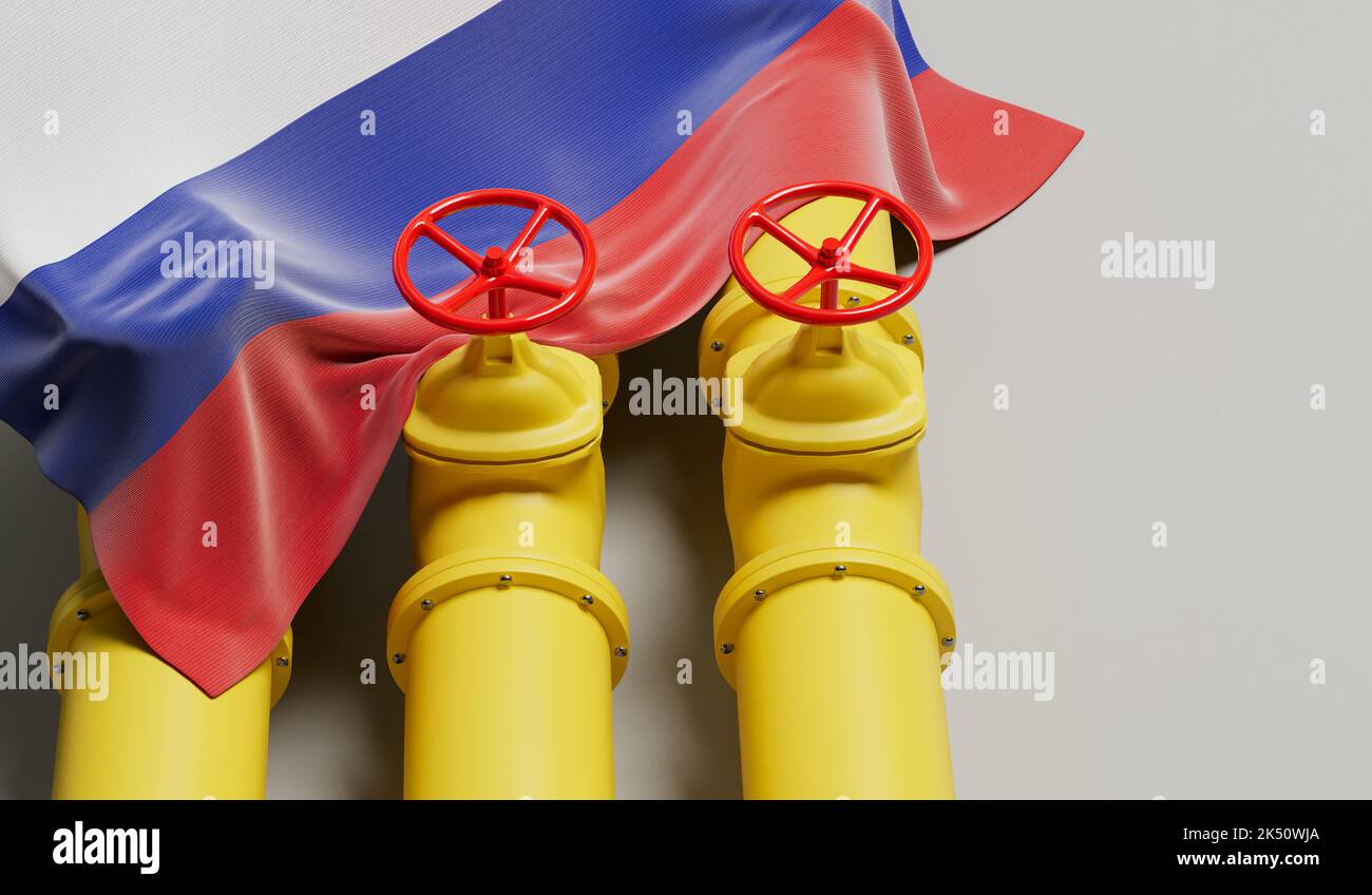 Bandera de Rusia que cubre una tubería de combustible de petróleo y gas. Concepto de la industria petrolera. Renderizado 3D Foto de stock