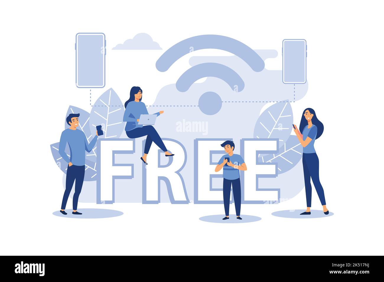 Pública conexión inalámbrica gratuita punto inalámbrico Wi-Fi, para la interfaz de usuario móvil, la transmisión de datos digitales a través de canales de radio plana vec Ilustración del Vector