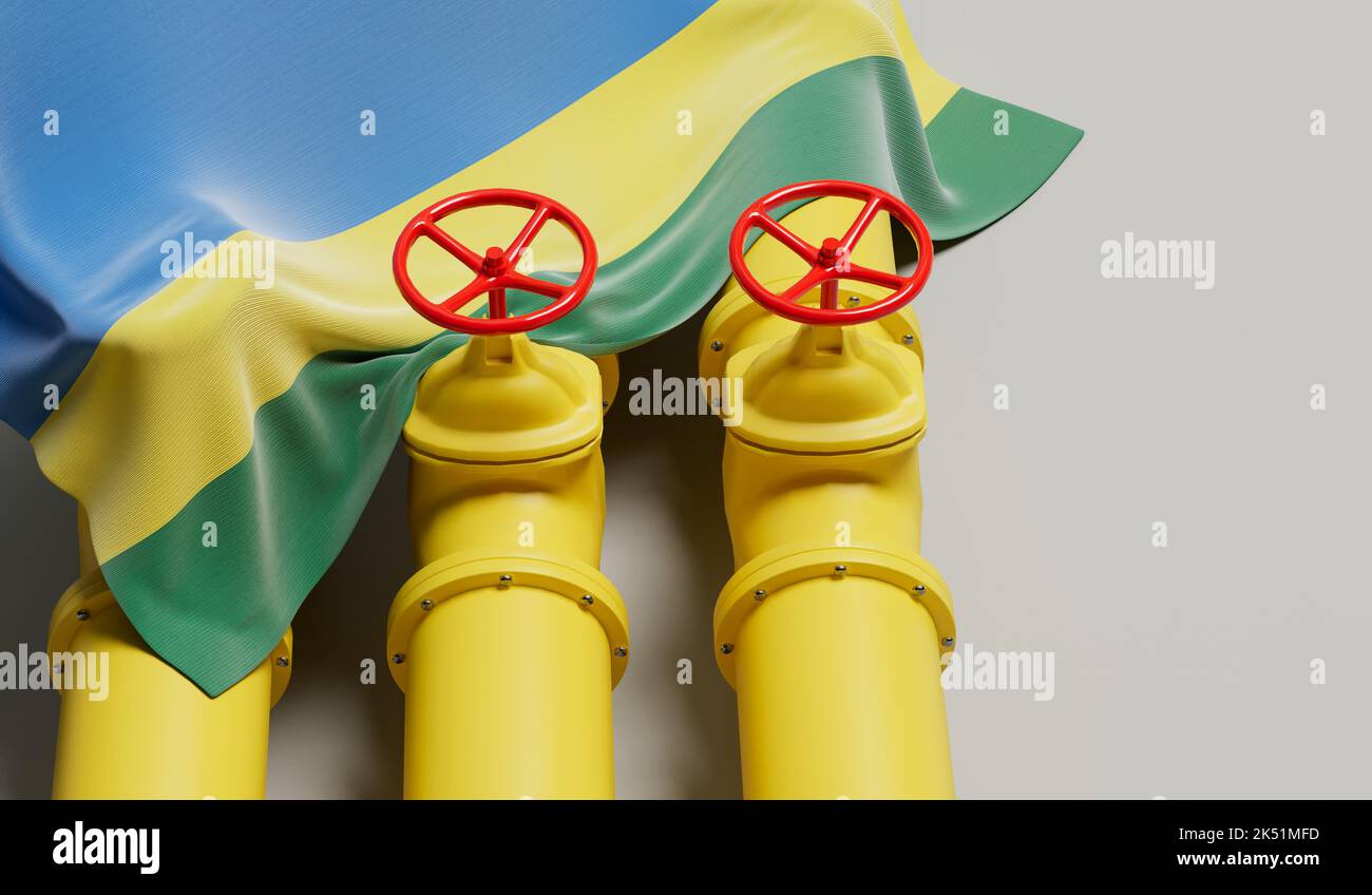 Bandera de Ruanda que cubre una tubería de combustible de petróleo y gas. Concepto de la industria petrolera. Renderizado 3D Foto de stock