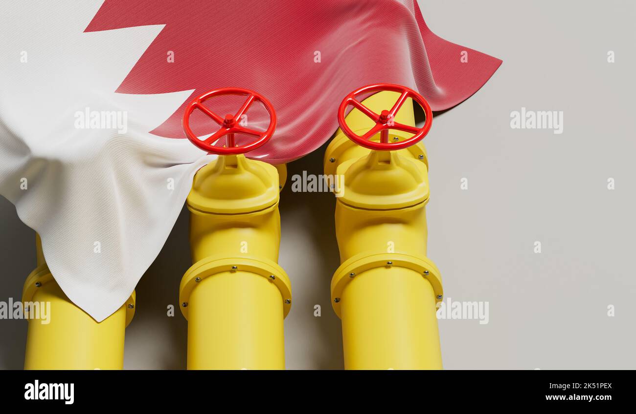 Bandera de Bahrein que cubre una tubería de combustible de petróleo y gas. Concepto de la industria petrolera. Renderizado 3D Foto de stock