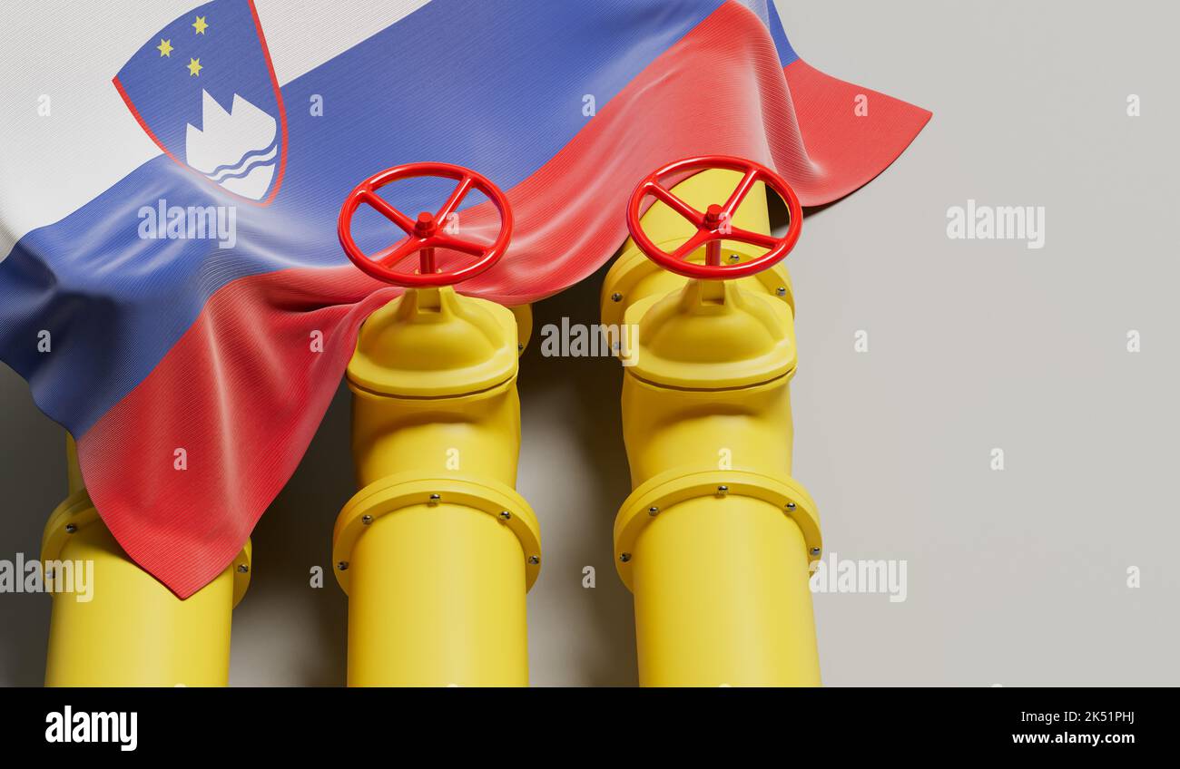 Bandera eslovena que cubre una tubería de combustible de petróleo y gas. Concepto de la industria petrolera. Renderizado 3D Foto de stock