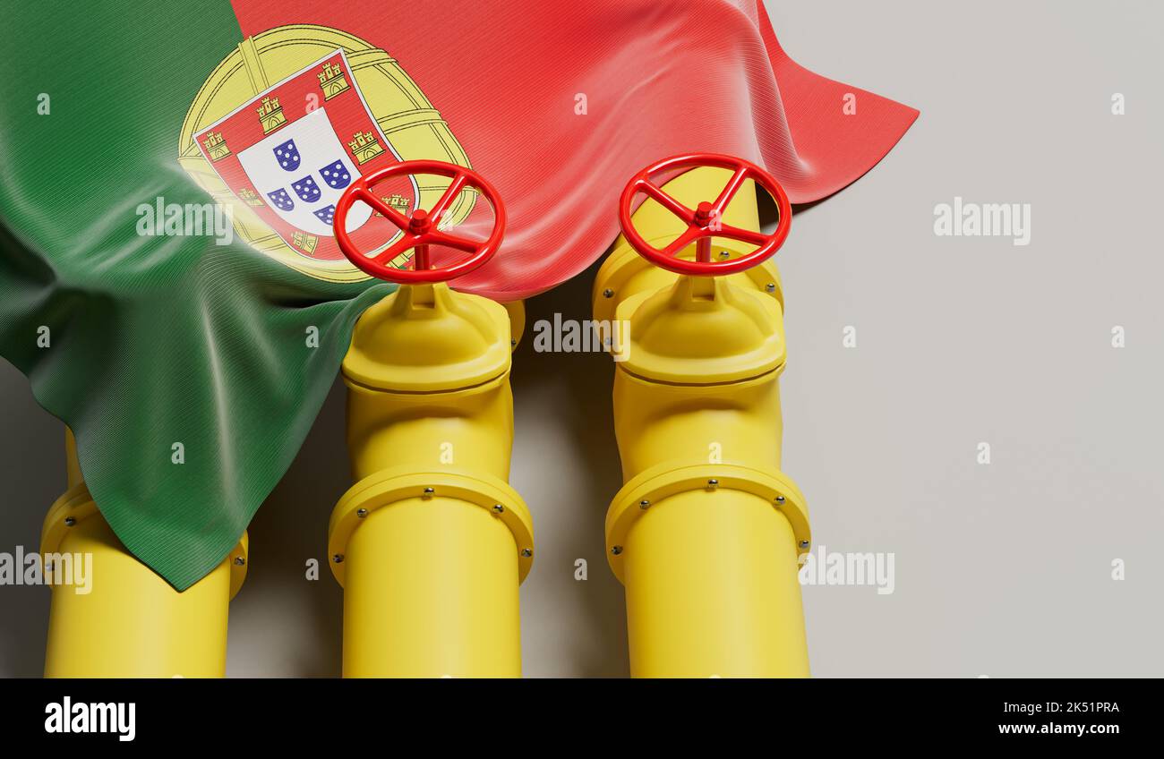 Bandera de Portugal que cubre una tubería de combustible de petróleo y gas. Concepto de la industria petrolera. Renderizado 3D Foto de stock