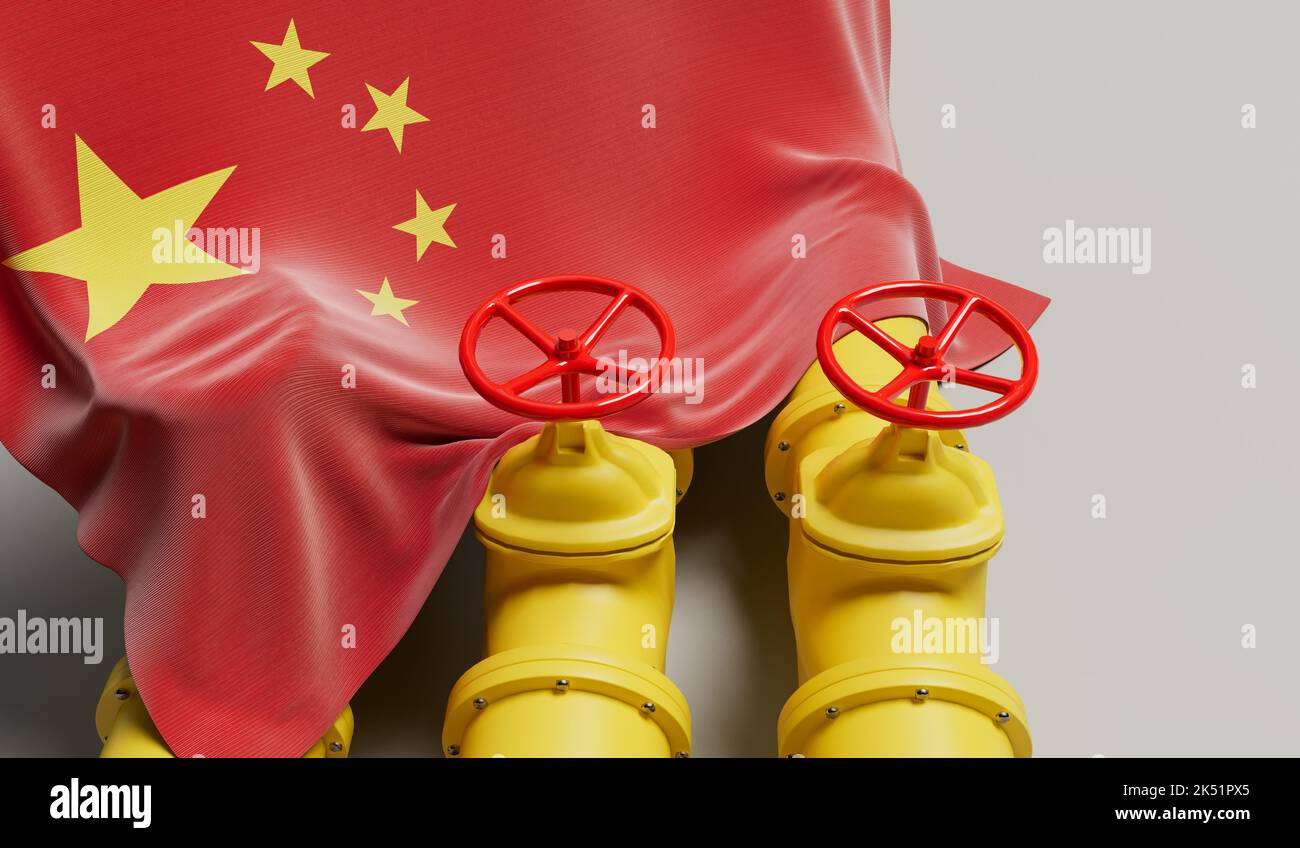 Bandera de China que cubre una tubería de combustible de petróleo y gas. Concepto de la industria petrolera. Renderizado 3D Foto de stock