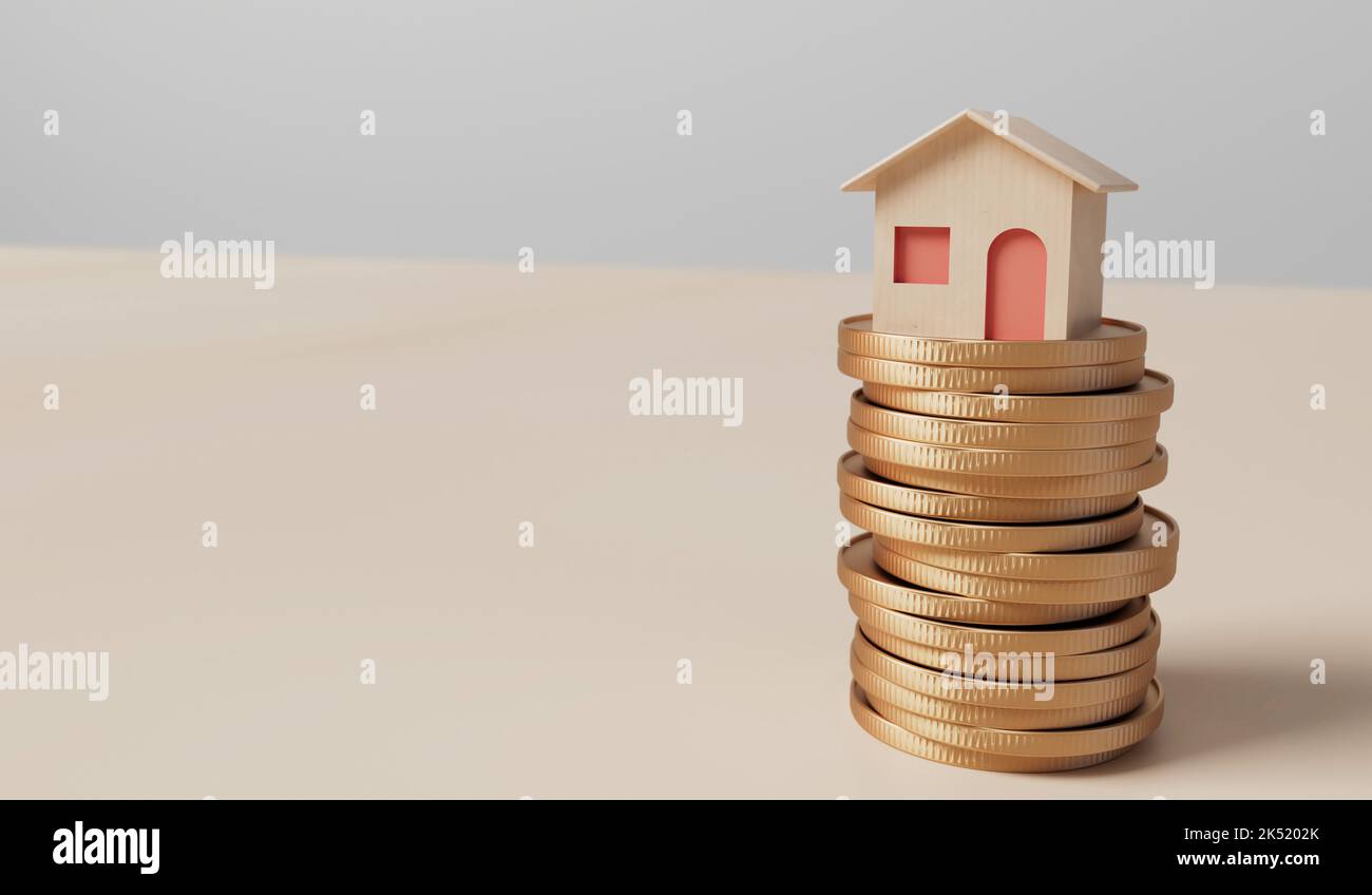 Concepto de inversión inmobiliaria y financiación de viviendas. Pequeña casa con una pila de monedas. Renderizado 3D Foto de stock