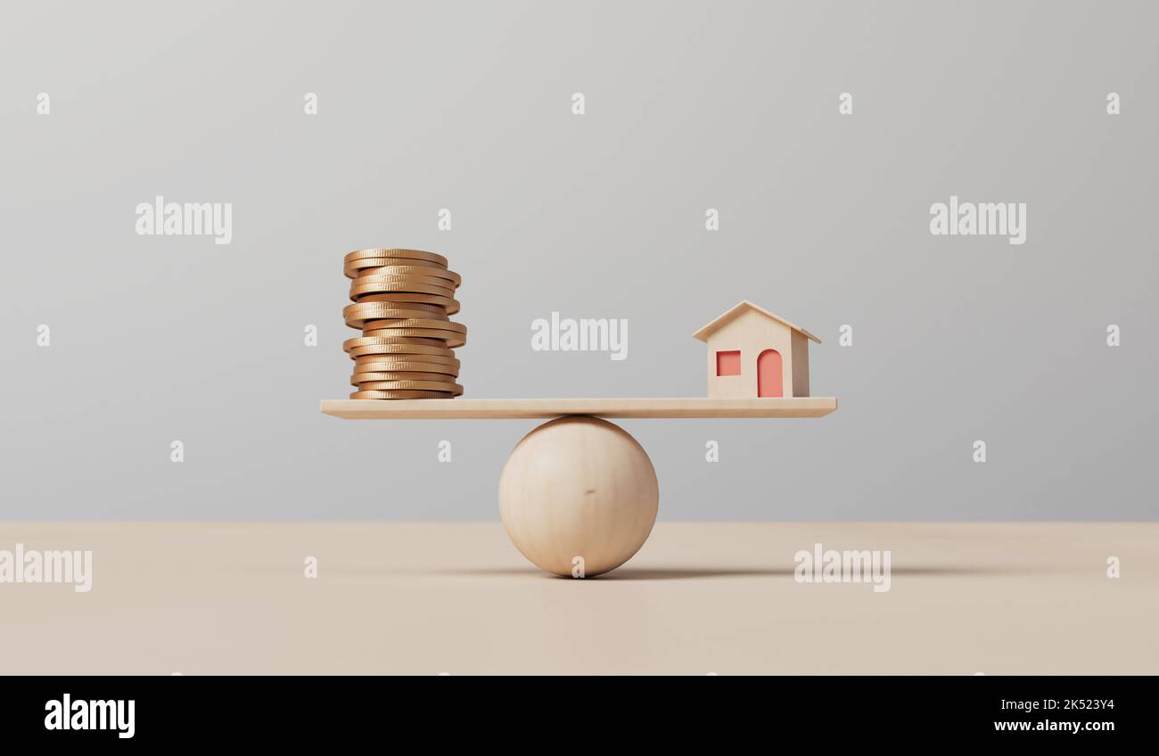 Pequeña casa y una pila de monedas balanceándose sobre un balancín. Concepto de propiedad. Renderizado 3D Foto de stock