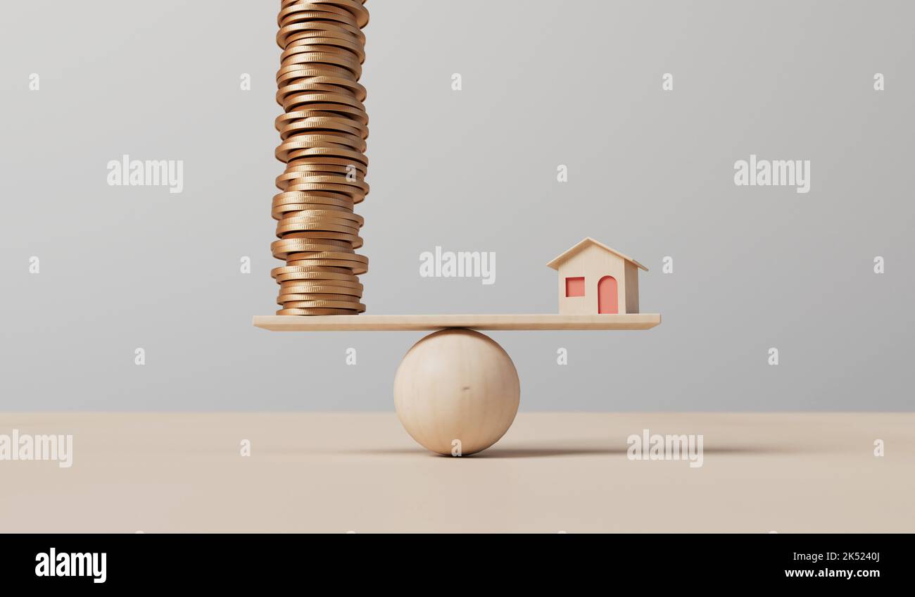 Pequeña casa y una pila de monedas balanceándose sobre un balancín. Concepto de propiedad. Renderizado 3D Foto de stock