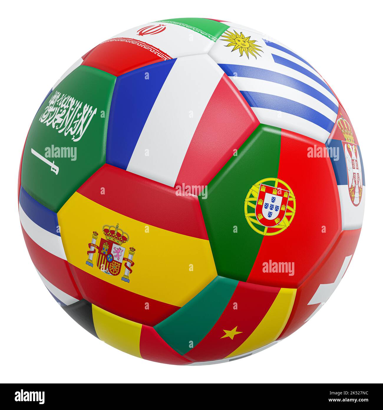 Balón de fútbol con bandera internacional y textura de cuero . Aislado . Trazados de recorte incrustados . 3D Presentación . Foto de stock