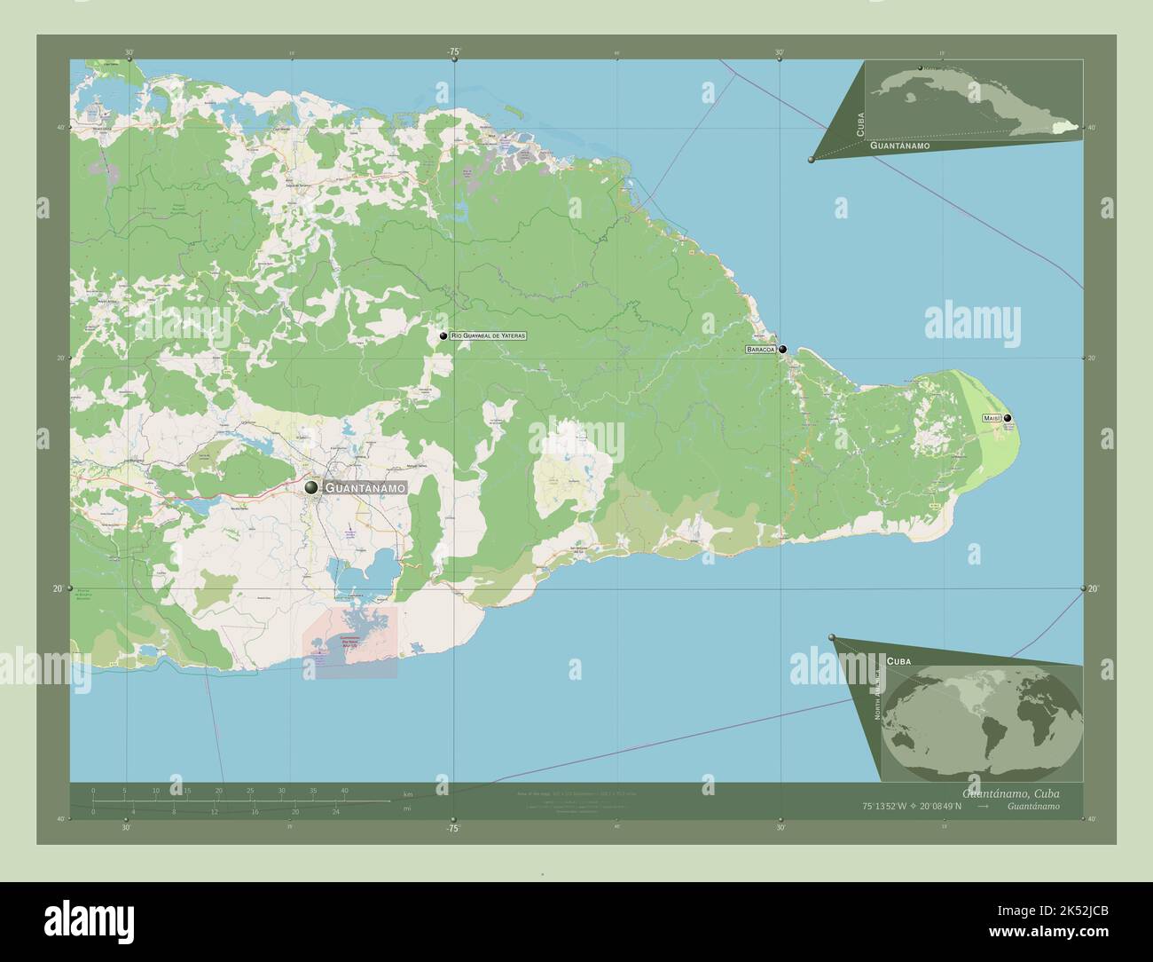 Guantánamo, provincia de Cuba. Abra Street Map. Lugares y nombres de