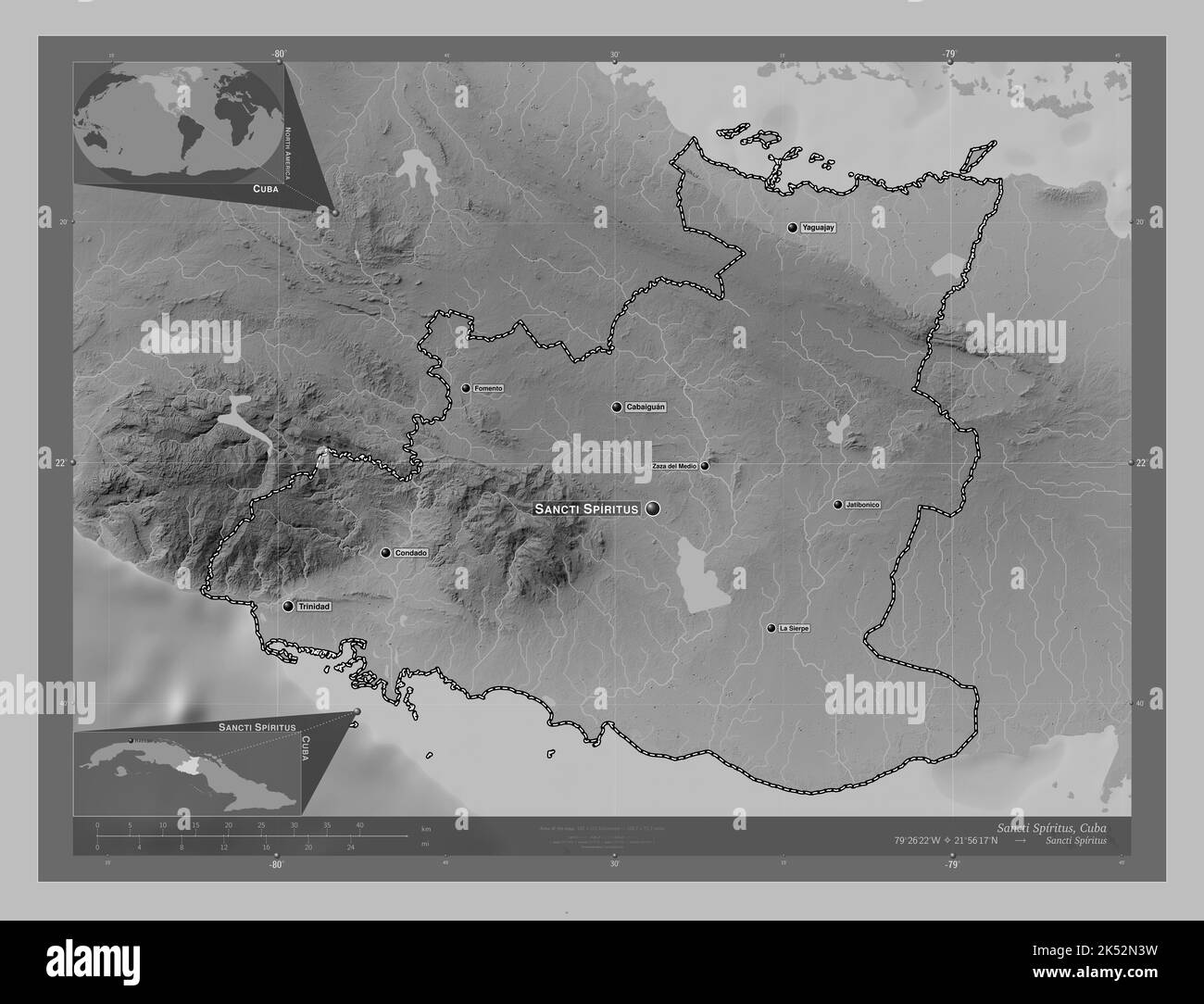Sancti Spiritus, provincia de Cuba. Mapa de elevación en escala de