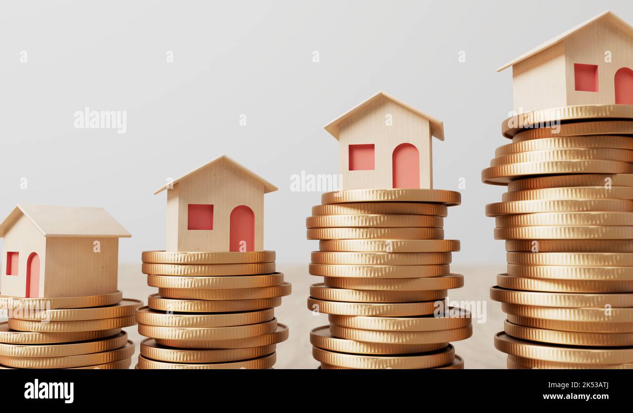Concepto de inversión inmobiliaria y financiación de viviendas. Pequeña casa con una pila de monedas en aumento. Renderizado 3D Foto de stock