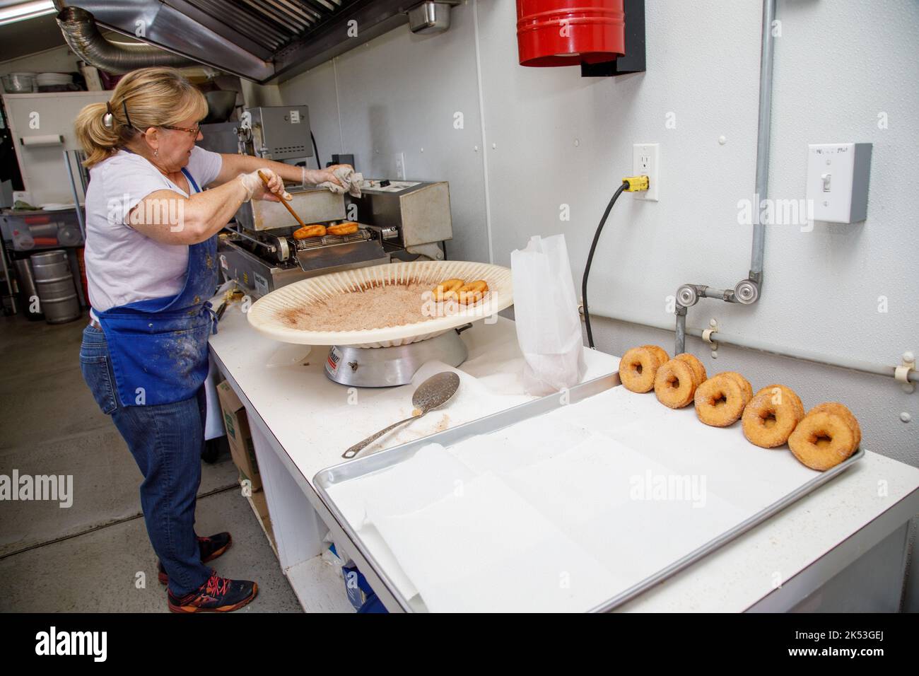 Rogers Family Orchard, Johnstown, Fulton County, Nueva York: Hacer donuts de sidra de manzana es una tradición otoñal en el norte del estado de Nueva York. Foto de stock