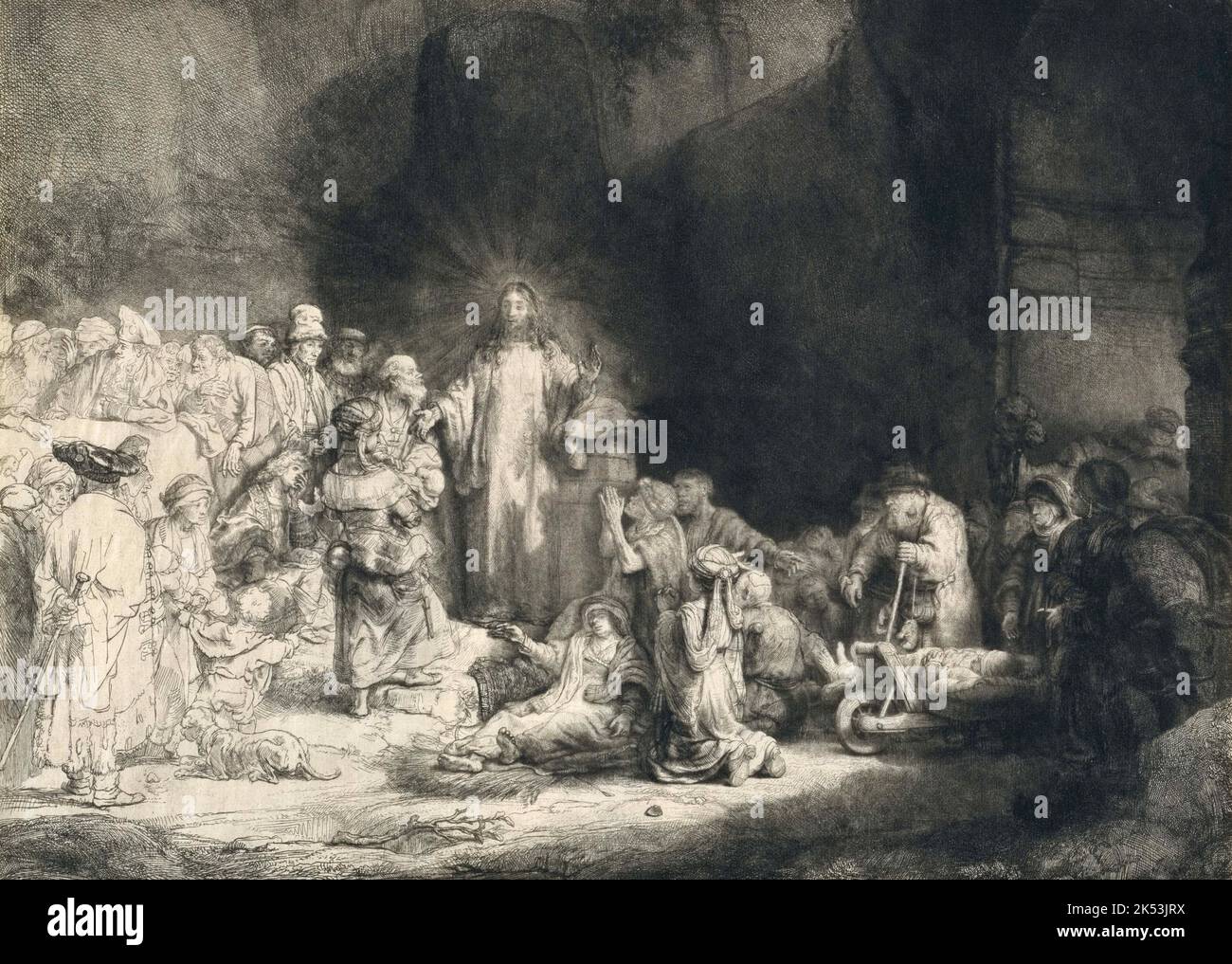 La impresión de los cien florines es un grabado de Rembrandt. El nombre popular del grabado deriva de la gran suma de dinero que supuestamente alguna vez se pagó por un ejemplo. También se llama Cristo sanando a los enfermos, Cristo con los enfermos a su alrededor, recibiendo a los niños pequeños, o predicando Cristo Foto de stock