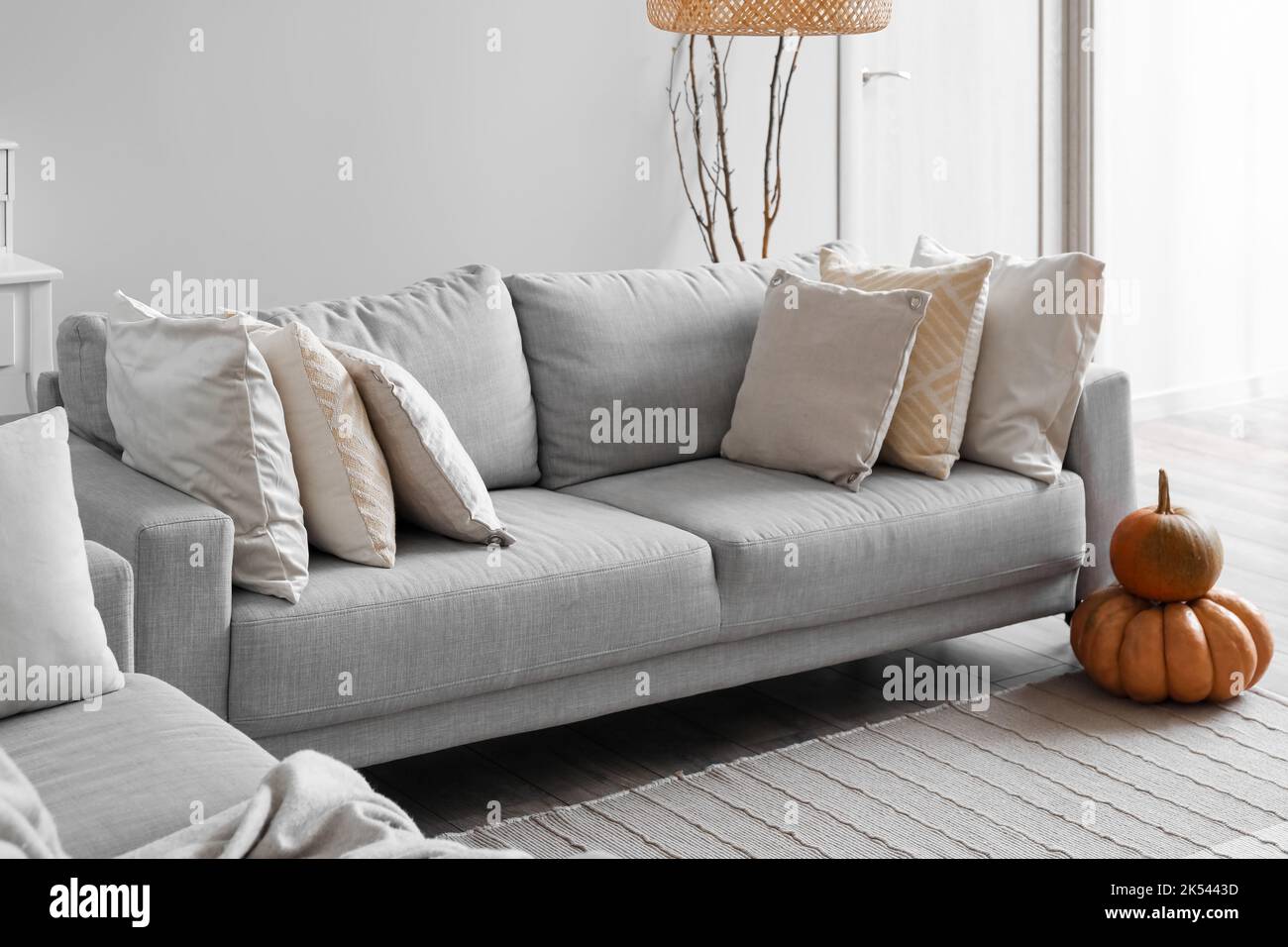 Sofá gris con cojines en el interior de un luminoso salón Fotografía de  stock - Alamy