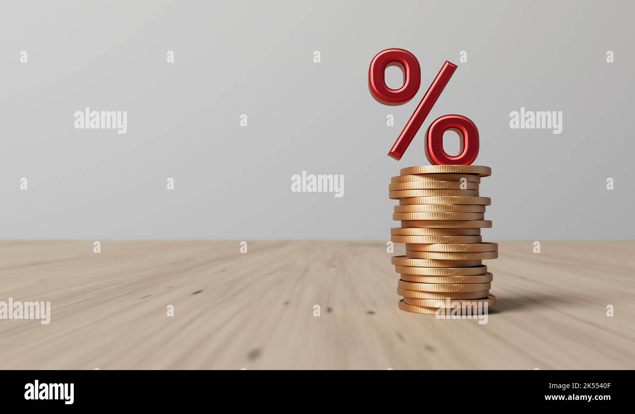 Concepto de tasa de interés y aumento de la inflación. Símbolo de porcentaje rojo con una pila de monedas. Renderizado 3D Foto de stock