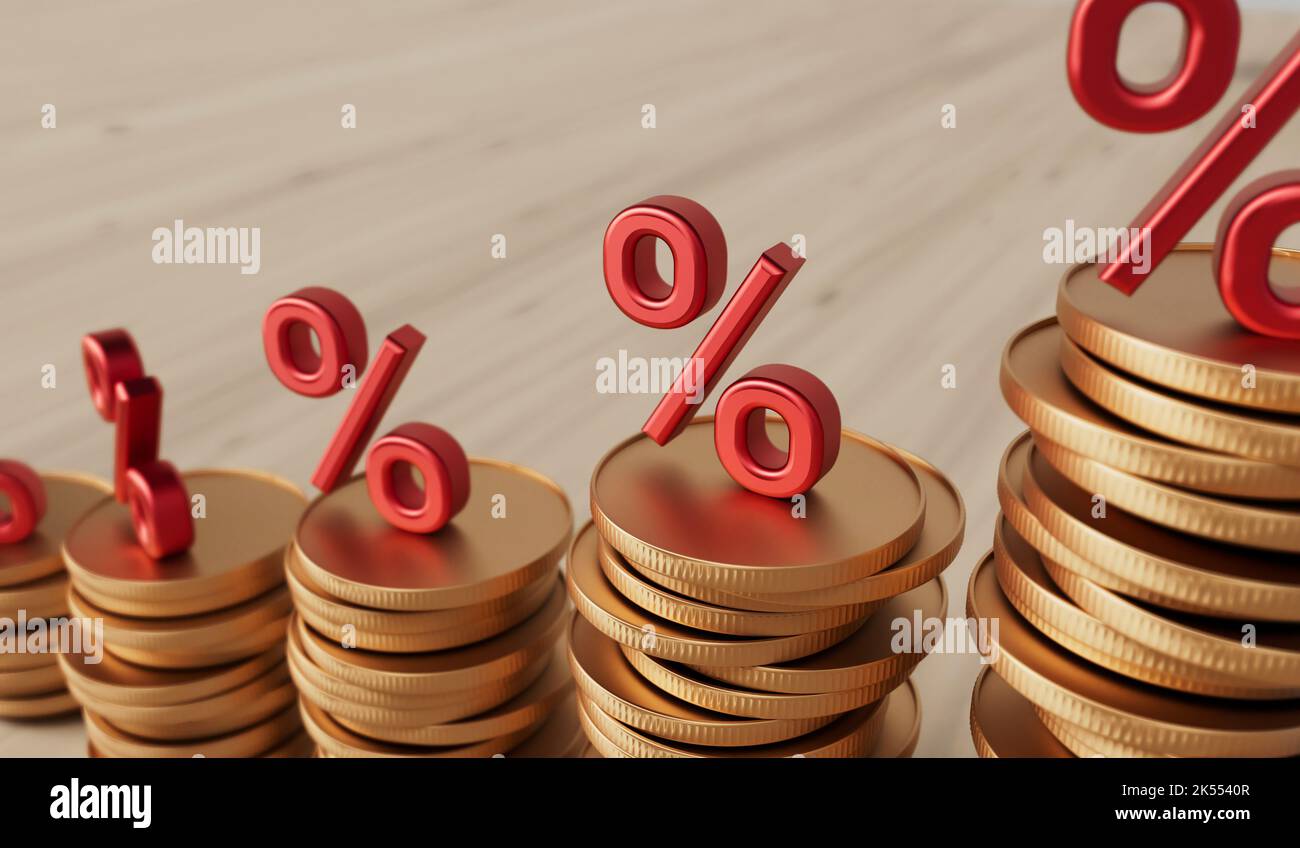 Concepto de tasa de interés y aumento de la inflación. Símbolo de porcentaje rojo con una pila de monedas. Renderizado 3D Foto de stock