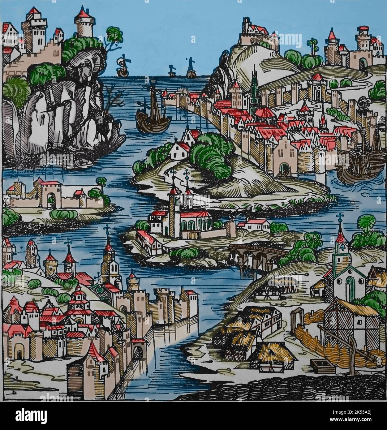 Littaw fue atribuido a 'rey de Polonia'. Paisaje polaco lleno de castillos, pueblos, iglesias y barcos. Liber Chronicarum, 1493. Grabado. Foto de stock