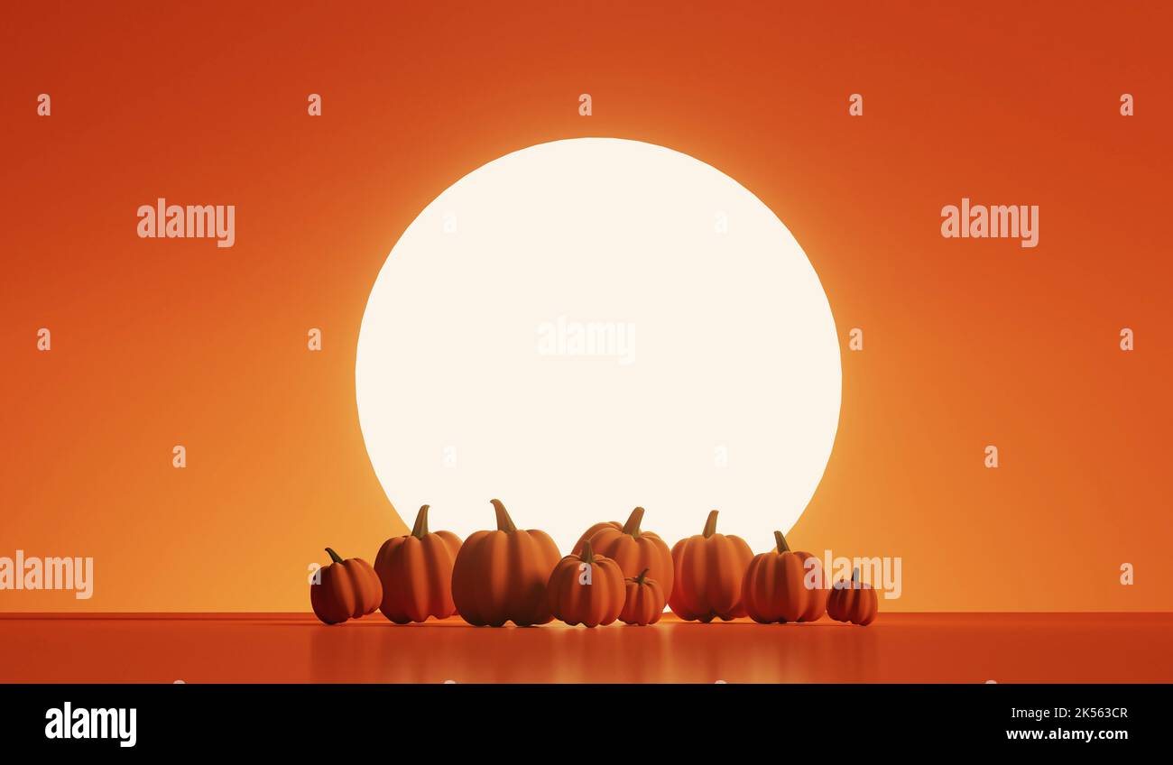 Fondo de Halloween. Las calabazas se perfilaban contra una gran luna naranja. Renderizado 3D Foto de stock