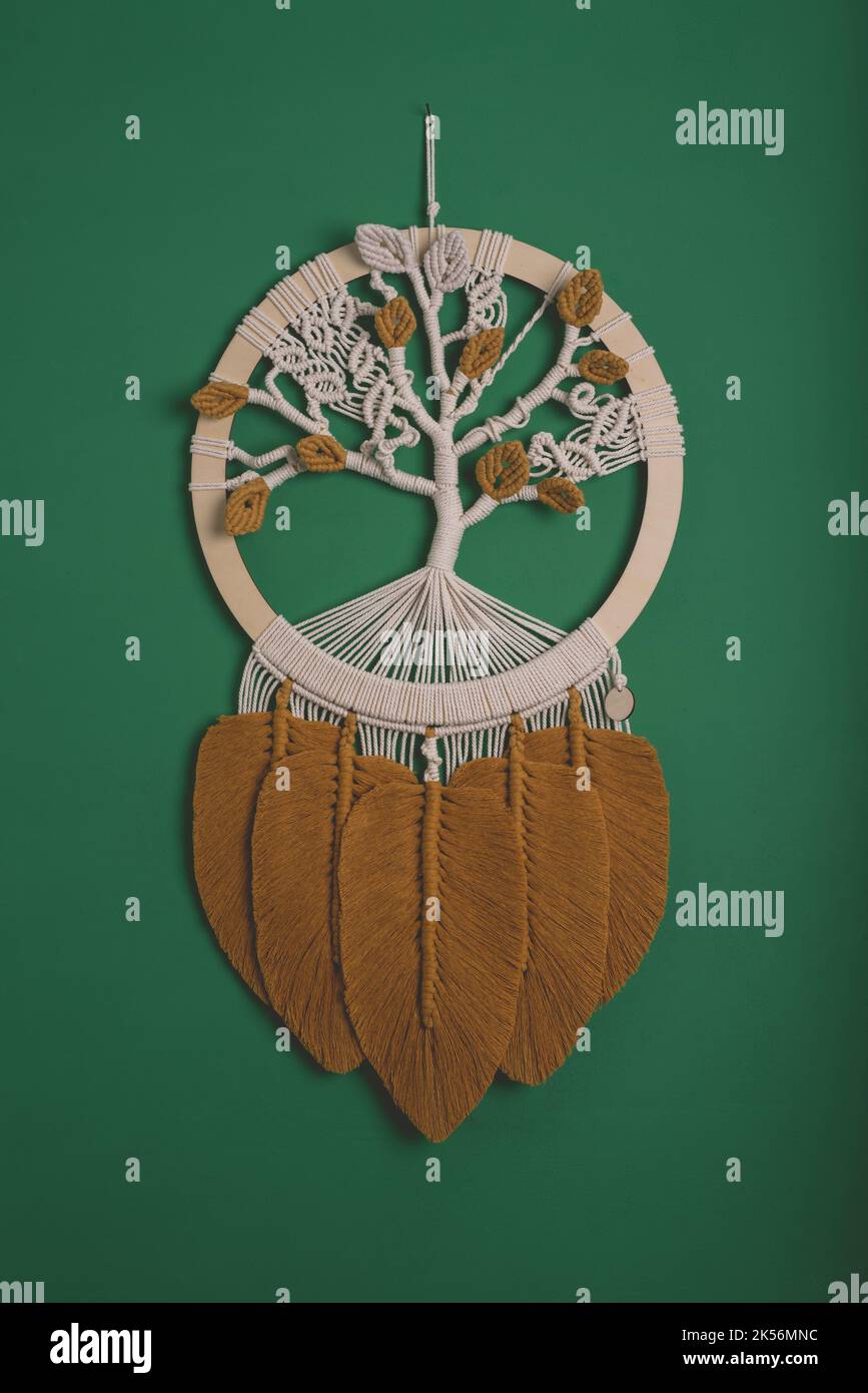Árbol de la vida macramé hecho a mano forma círculo decoración pared mostaza hojas plumas raíces algodón hilo macramé nudo técnicas colgando pared Foto de stock