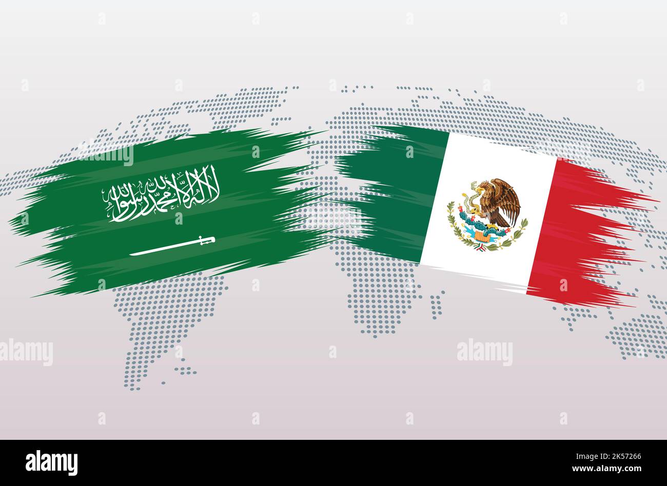 KSA Arabia Saudita vs México balón de fútbol en diseño de bandera en el mapa del mundo de fondo para torneos de fútbol, vector para la plantilla de partido deportivo o banner. Ilustración del Vector