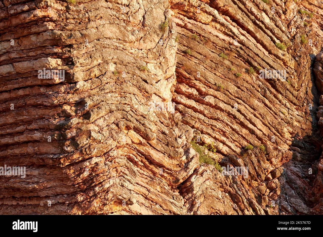 Corte de roca iluminada por el sol con líneas y filas. Textura de fondo geológico Foto de stock